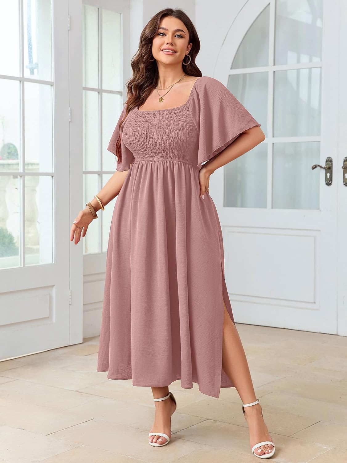 Women's Plus Size Dress Short Sleeve Square Neck Smocked Side Split Flowy A Line Long Maxi Dress - Image 7