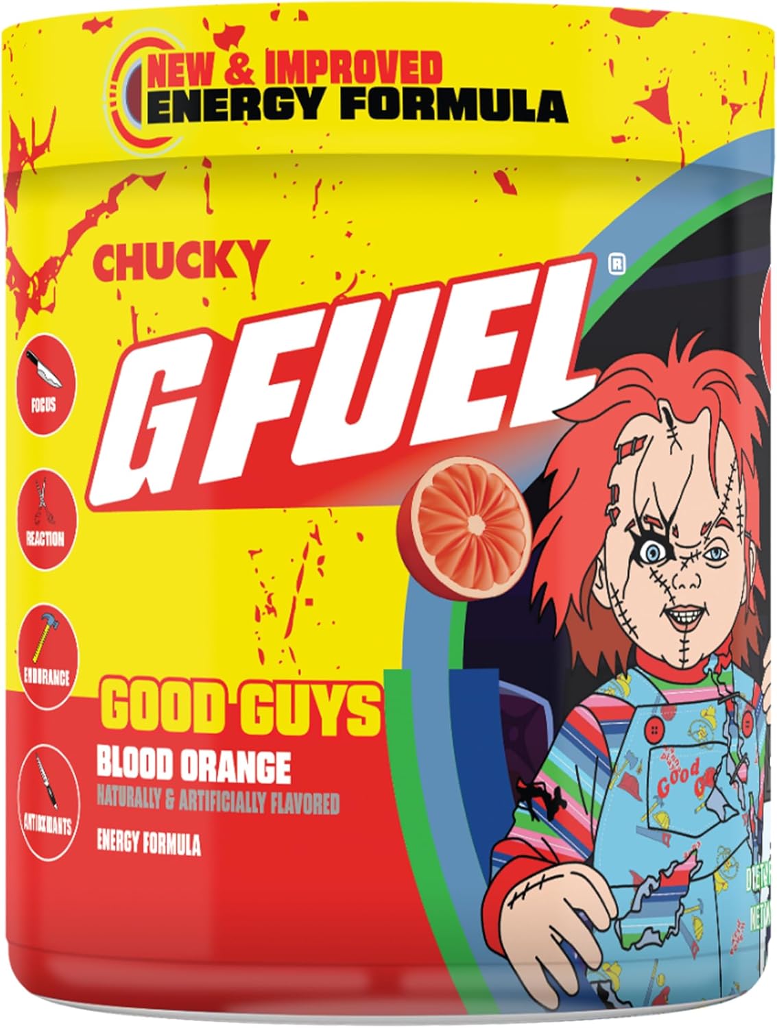 G Fuel Chucky Good Guys 2.0 Energy Drink Powder, Pre Workout Caffeine Mix for Gaming, Sugar Free Focus Amino, Vitamin + Antioxidants, 9.9oz (Tropical Blood Orange, 40 Servings)