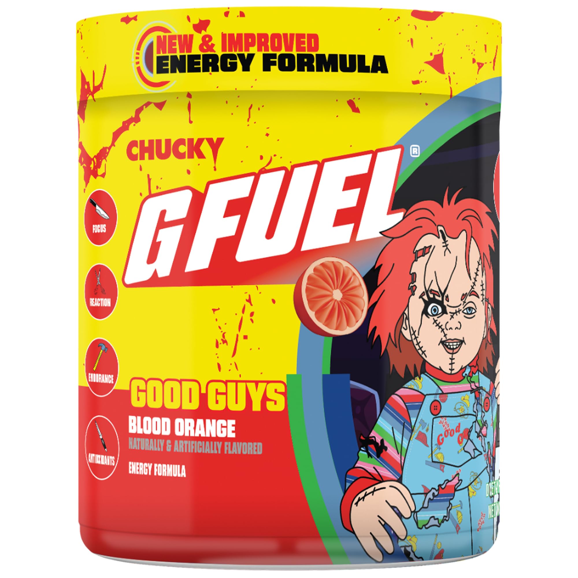 Chucky Good Guys 2.0 Energy Drink Powder, Pre Workout Caffeine Mix for Gaming, Sugar Free Focus Amino, Vitamin + Antioxidants, 9.9oz (Tropical Blood Orange, 40 Servings)