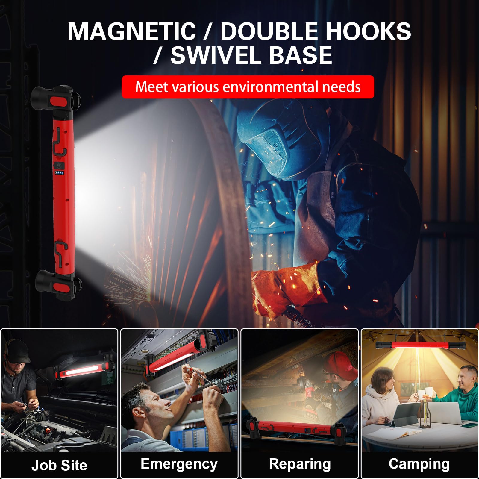 ERAY Lampe de Travail 3000LM, 6000mAh Baladeuse LED Rechargeable | Base Magnétique, 360° Crochet, 3 Modes, Rotation à 180, Projecteur LED Rechargeable pour Réparation, Garage, Atelier, Camping
