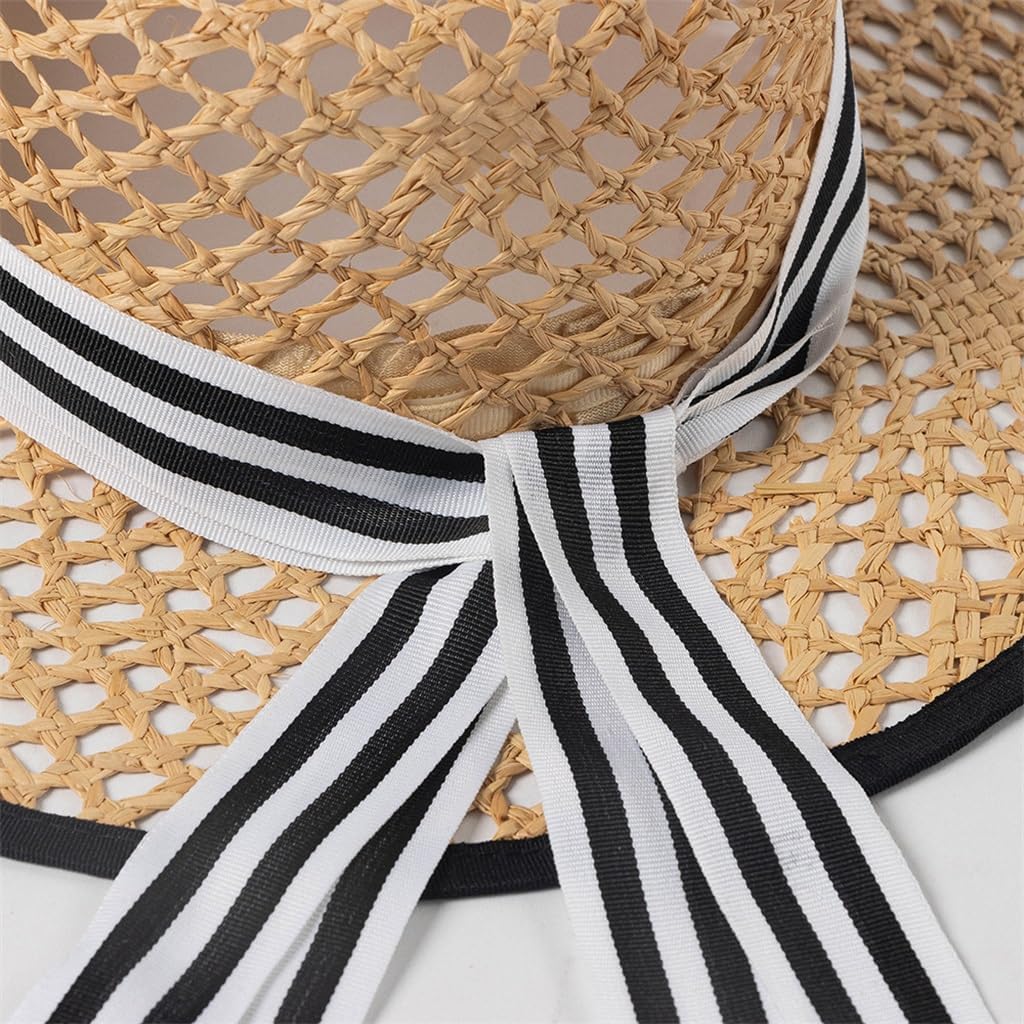 HBJWOV Casual Stripes Floating Belt Hand Knitting Hollow Raffia Flat Top Hat Outdoor Sun Protection Sun Hat