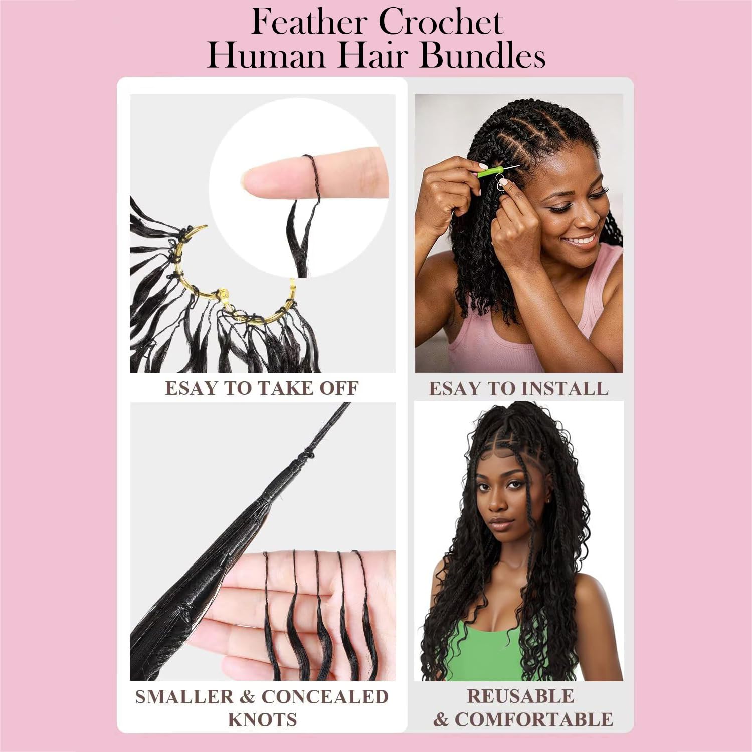 Feather Crochet Humano Hair Bundle Deep Wave Rizo Miracle Knots 18 Inch 60G