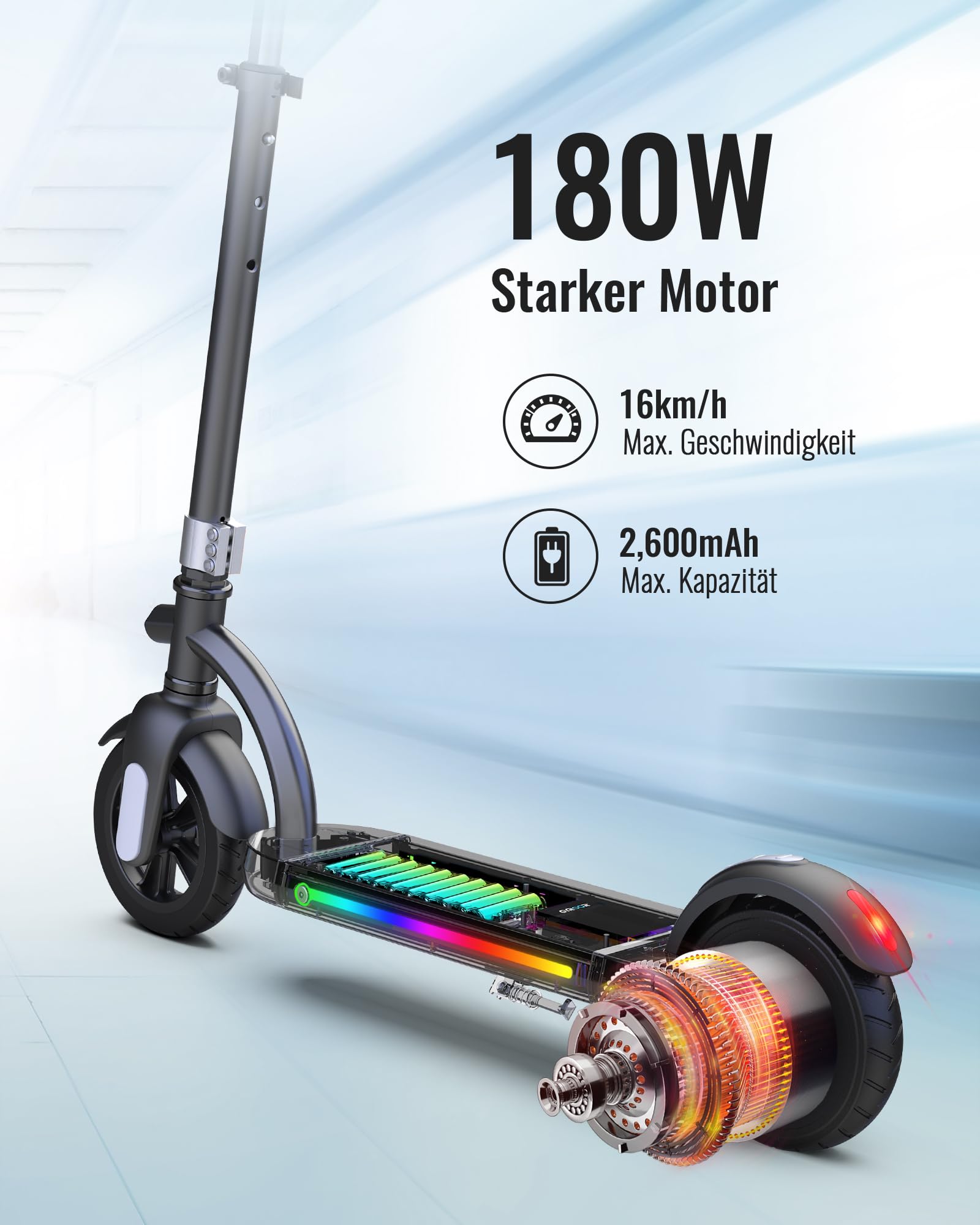 Gyroor E-Scooter Kinder (8-12-16 Jahre), Doppelbremse Elektroroller für Kinder 16Km/h, LED-Anzeige,180W Motor Höhenverstellbarer E Roller Kinder, Geschenk für Kinder und Jugendliche