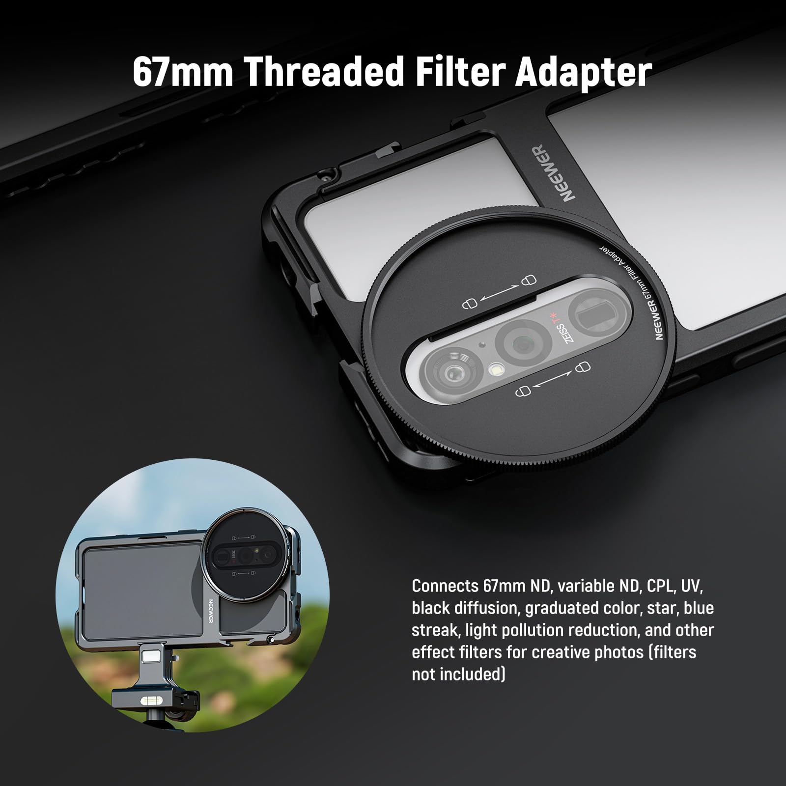 NEEWER Xperia klatka 1 V, szybkie uwalnianie wideo, uchwyt stabilizatora telefonu do nagrywania filmów, adapter filtra 67 mm, tylna płytka obiektywu 17 mm, tylna płytka obiektywu z mocowaniem T