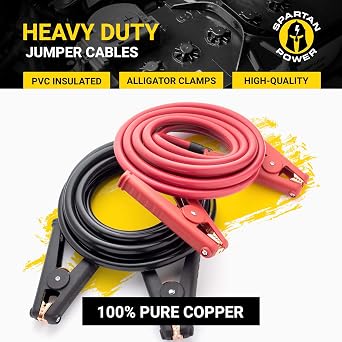 Spartan Power Heavy Duty Jumper Cables with Alligator Clips, 100% Pure Copper Wire, Positive & Negative Leads Battery Cable, Made in the USA - 1/0 AWG Gauge Cable, 10 ft