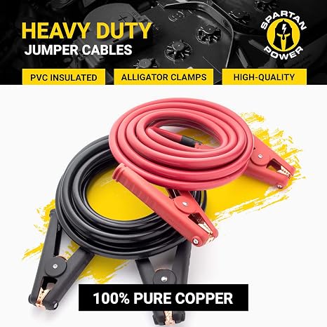 Spartan Power Heavy Duty Jumper Cables with Alligator Clips, 100% Pure Copper Wire, Positive & Negative Leads Battery Cable, Made in the USA - 1/0 AWG Gauge Cable, 10 ft