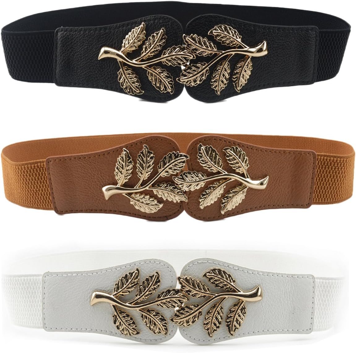 Womtop Woman Waist Belt Elastic Stretch Vintage Dress Belt 3 PCS Cinch Belt with Fashion Metal Interlock Buckle (Leaf (Black+White+Brown), Free)