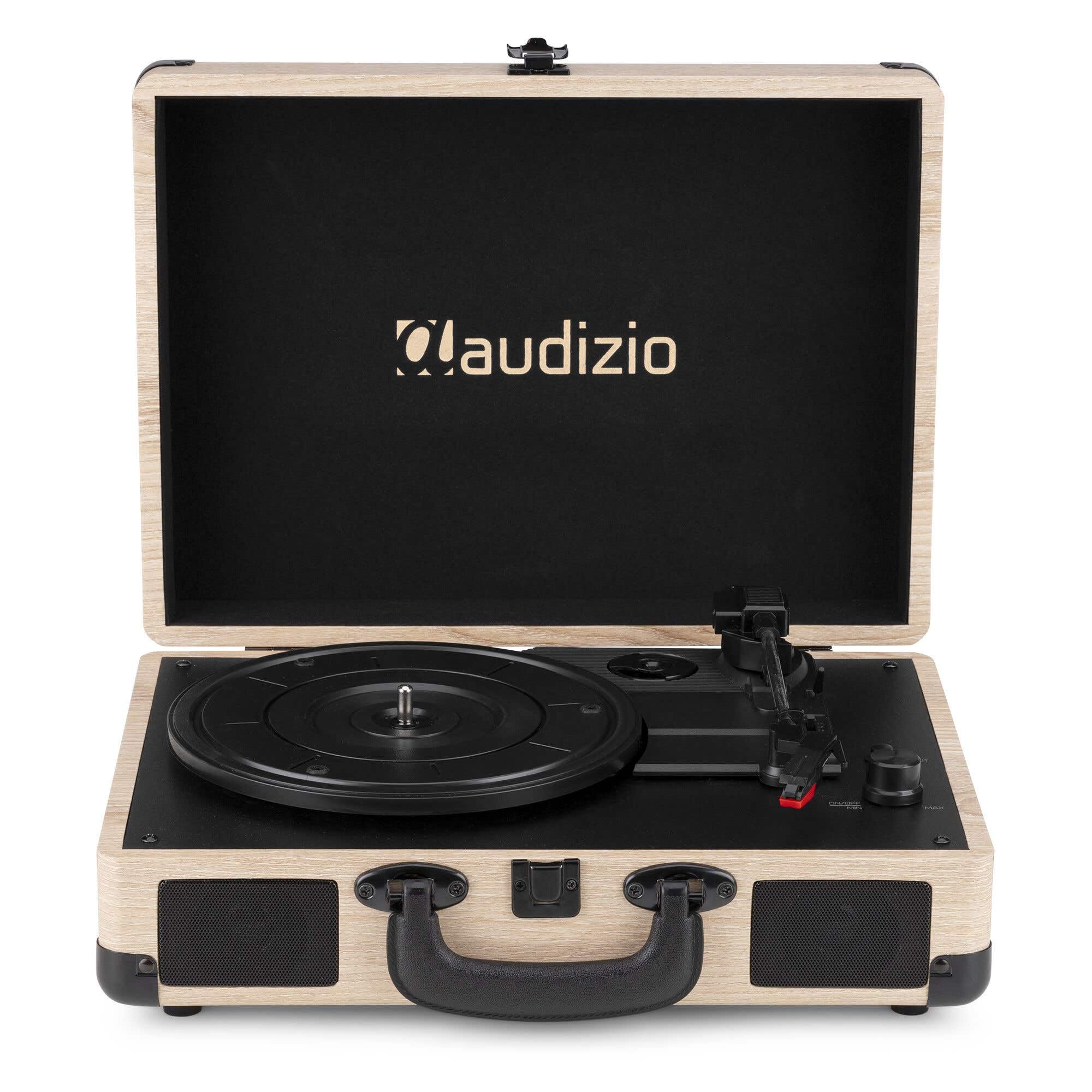 Audizio RP116LW - Giradischi in vinile con altoparlanti stereo integrati, ingresso e uscita Bluetooth, convertitore USB da vinile a MP3, tre velocità, design compatto e portatile, legno chiaro