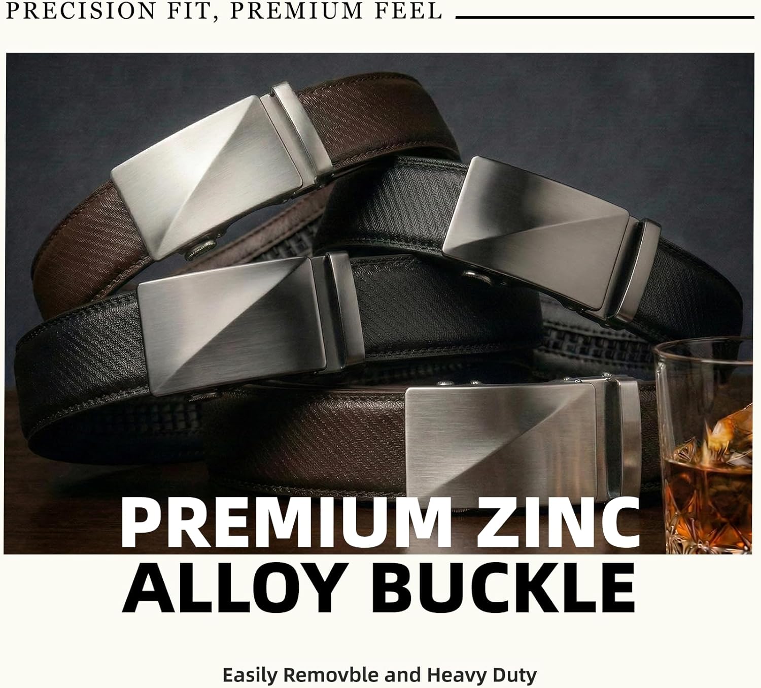 Mens Belt 2 Pack, Leather Ratchet Belts for Men - Trim to Fit Holeless Click Buckle for Dress, Casual & Jeans, 1 3/8"