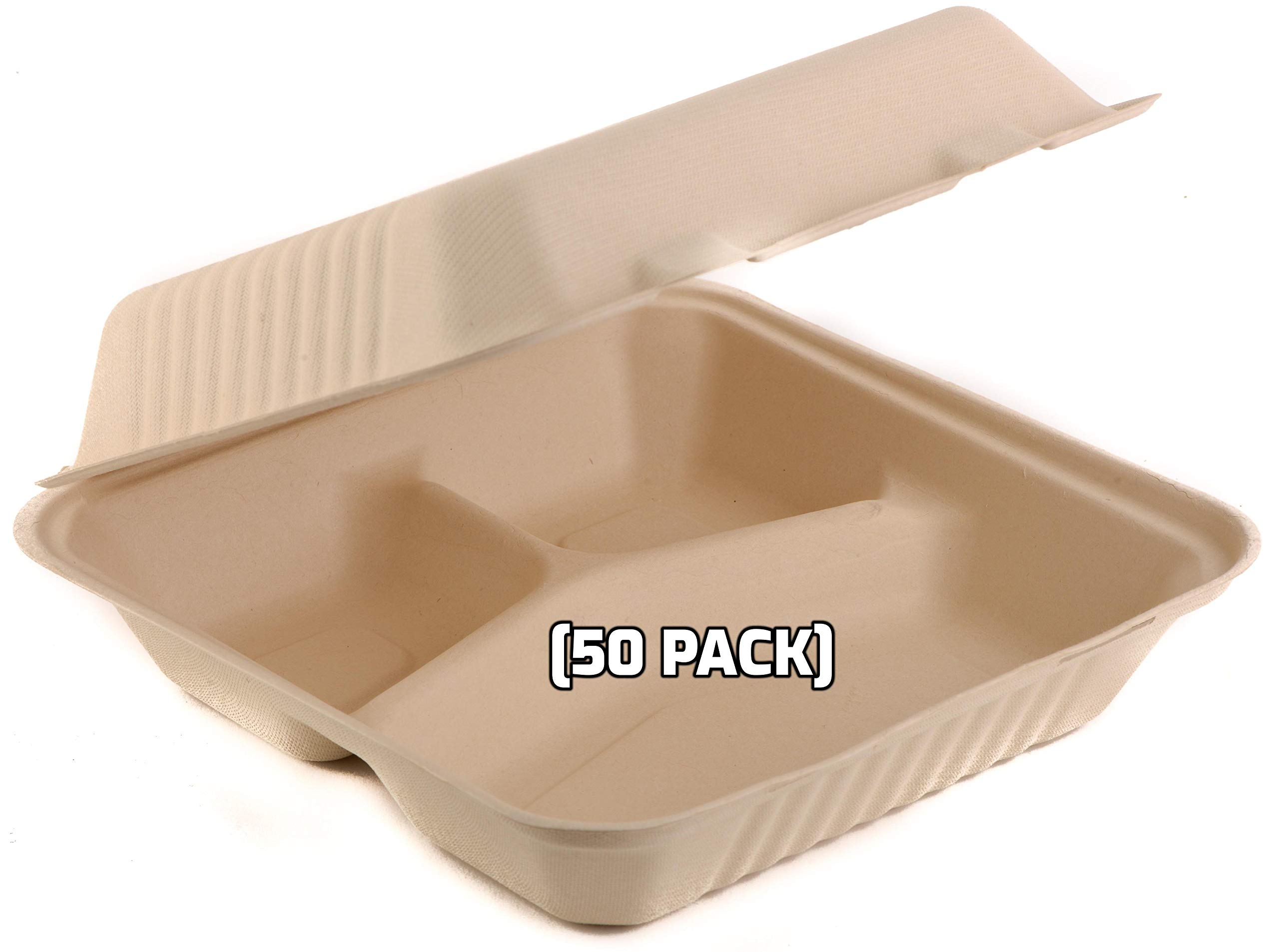 [50 PACK] 9 Inch 3-Compartment Compostable Hinged Take Out Food Container - Sugarcane Bagasse, Tree Free - Restaurant Supplies, Microwavable, Bidodegradable, Recyclable, Heavy Duty (Rectangle - Clam)