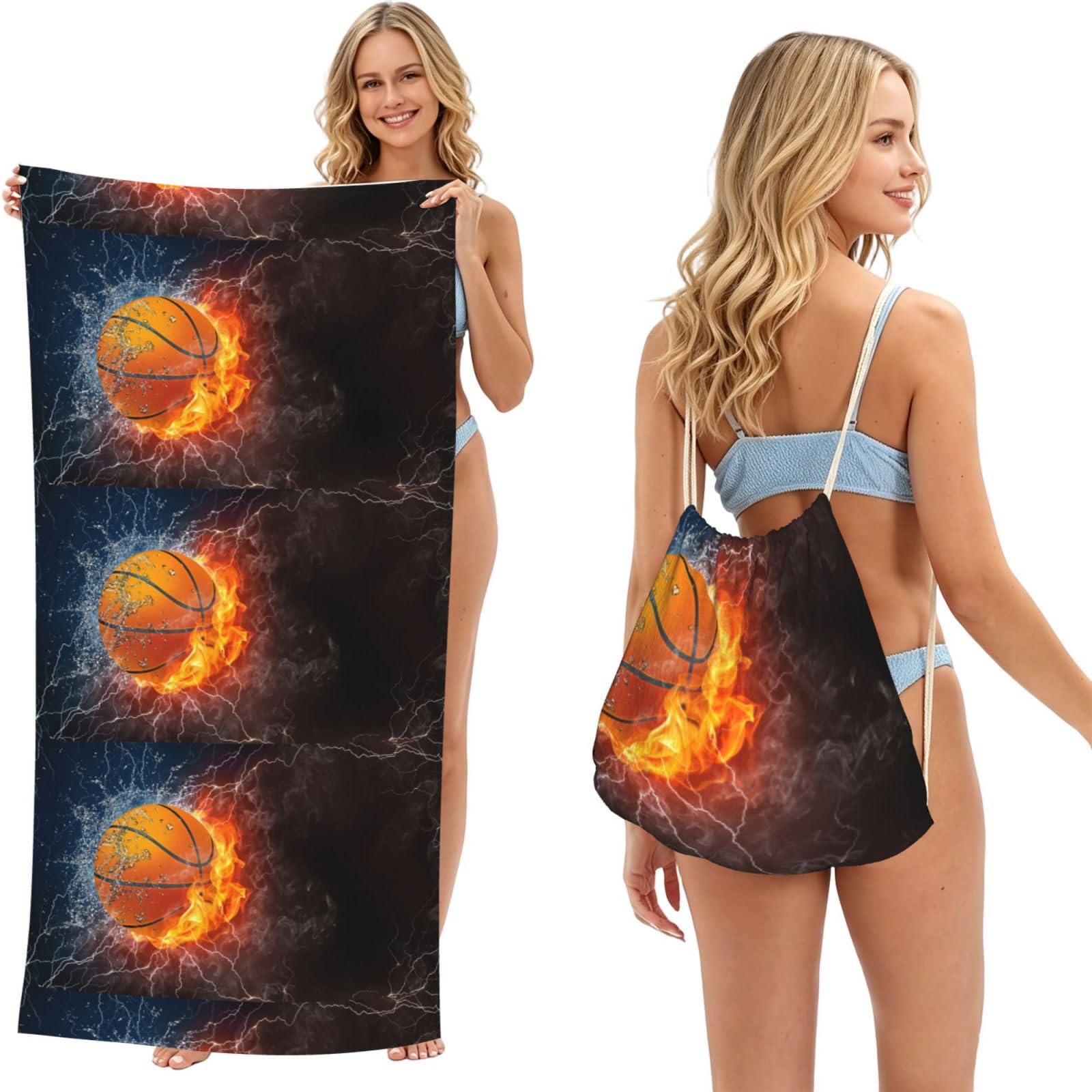 Poadnly As Picture Basketball Ball On Fire And Water, 2 In 1 Packable Towel Bag, Beach Towels With Drawstring Backpack For Travel Holiday Camping