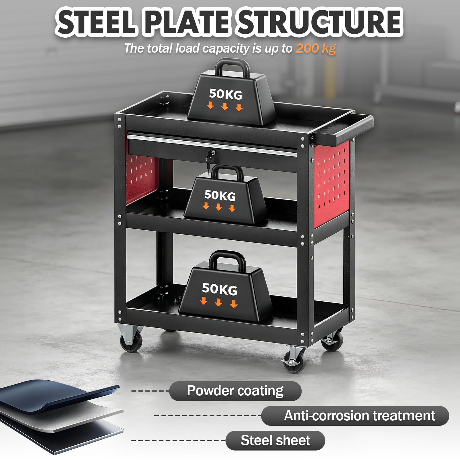Verdego Werkzeugwagen mit Schublade, 3 Etagen, bis 200 kg, 70x35x76 cm