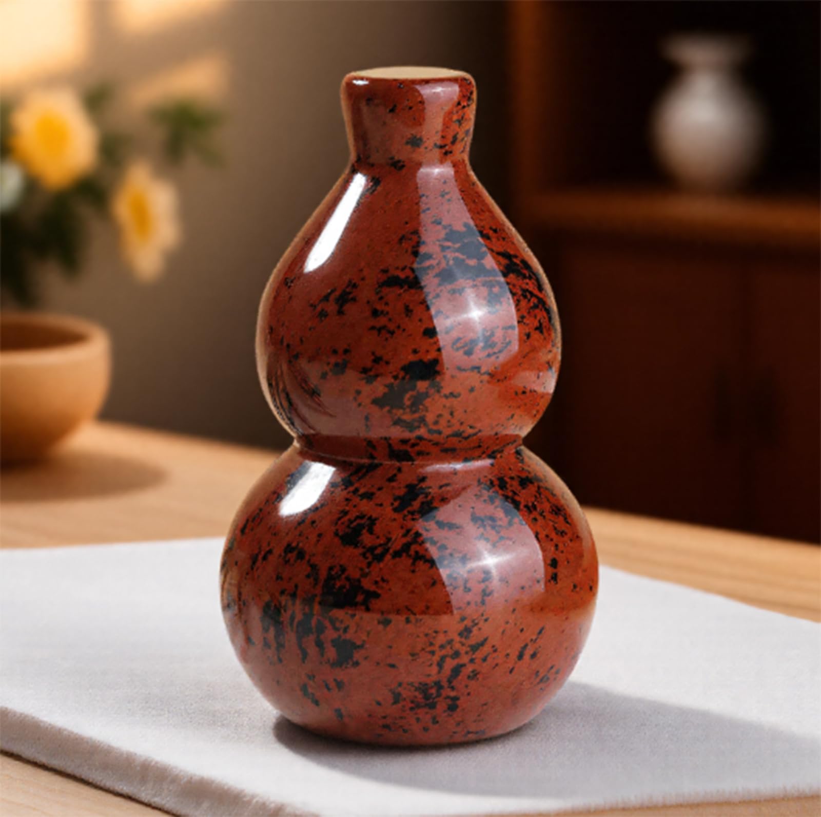 Figurine de calebasse Feng Shui en Obsidienne Rouge Naturelle, Sculpture en Cristal Chinois, Ornement décoratif sculpté à la Main pour Bureau à Domicile ou de Bureau,10cm