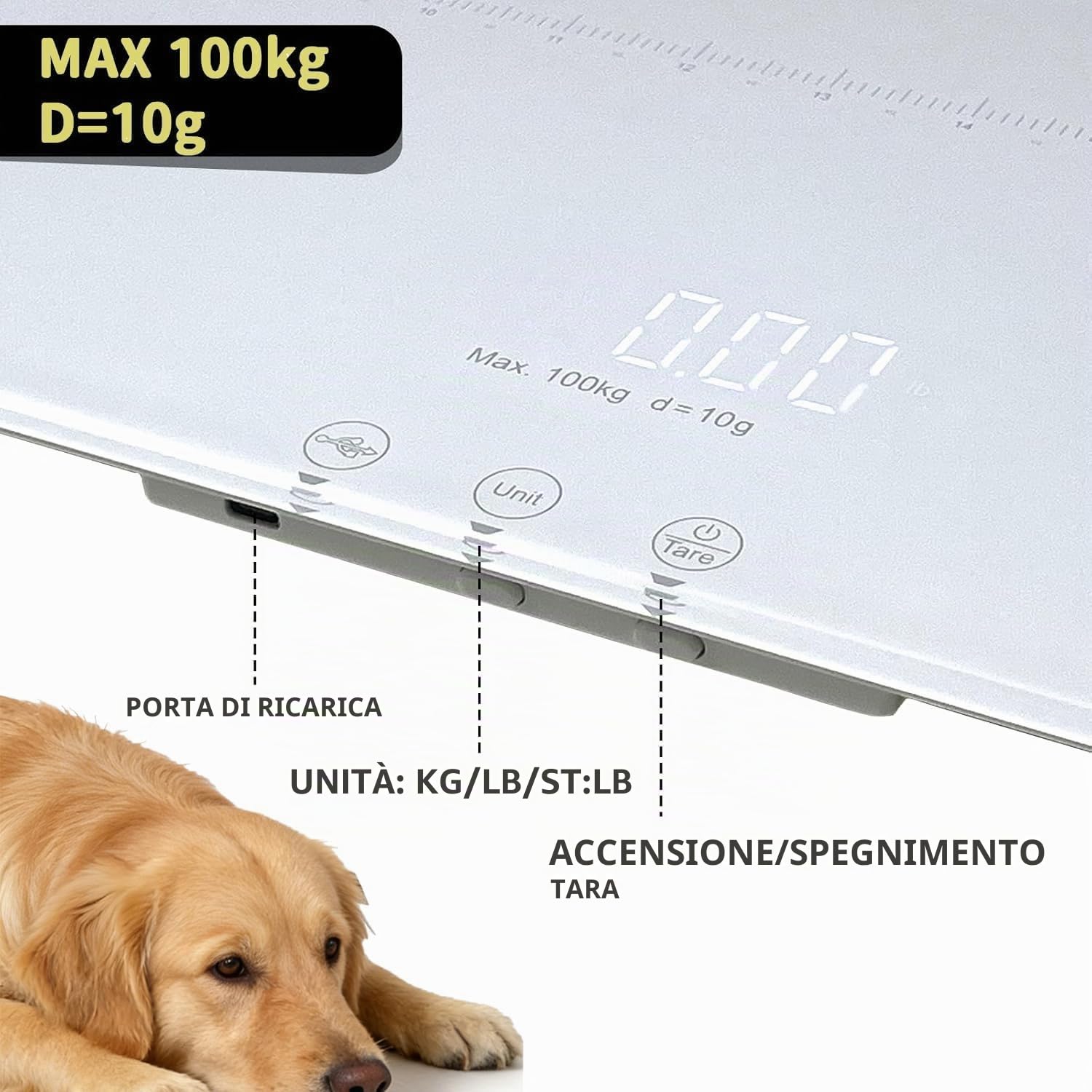 Bilancia digitale per animali domestici per cani e gatti, grande bilancia per cani, max. 100 kg, versione ricaricabile, 3 modalità di pesatura libbre, kg, st, precisione 10 g, 69 x 33 cm