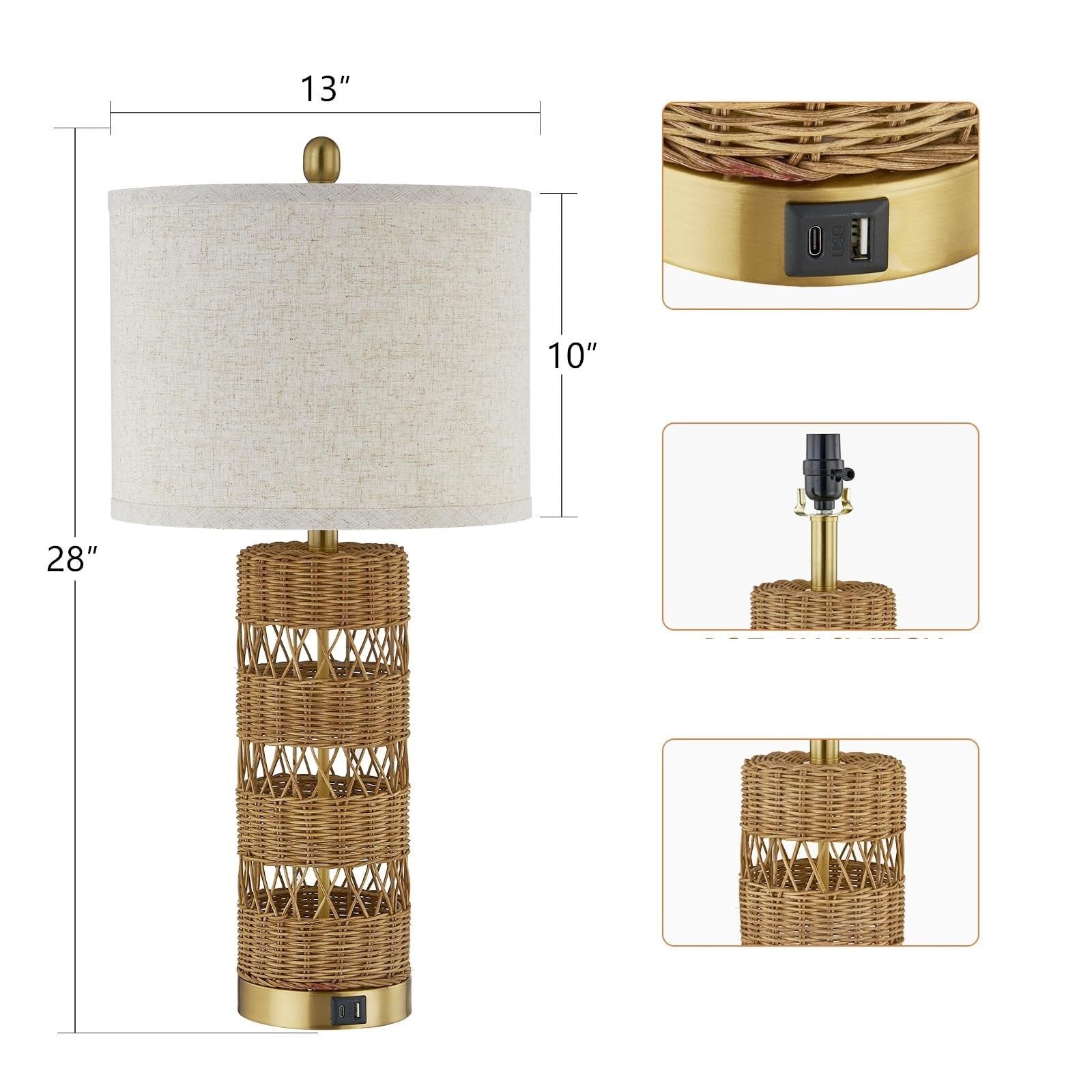 CCXXYGWJ 2-pak 28-calowego stolika USB z rattanu w stylu boho, lniany abażur, sypialnia, lampka nocna do czytania, w zestawie Nadaje się do salonu, sypialni, biura,
