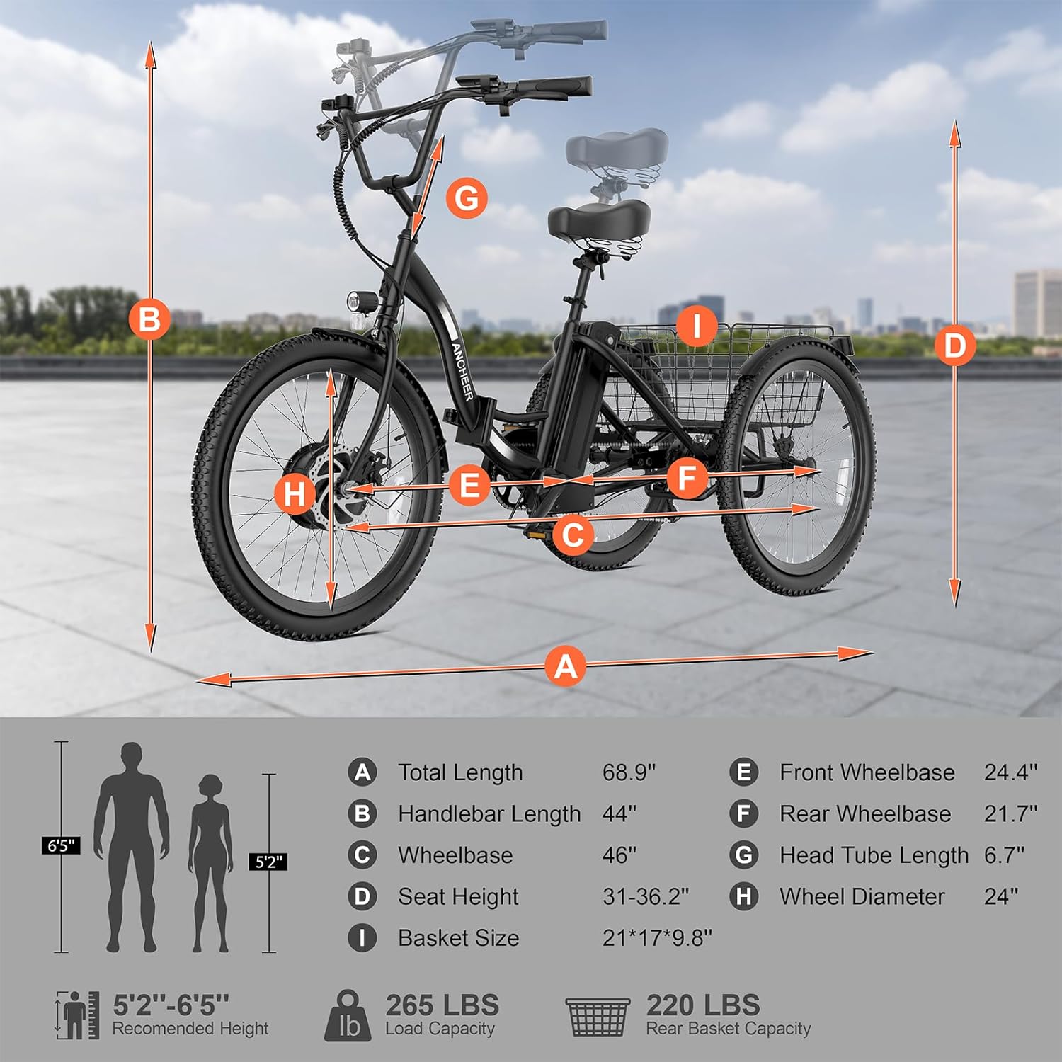 Diagram showing the dimensions and weight capacities of the ANCHEER Electric Tricycle
