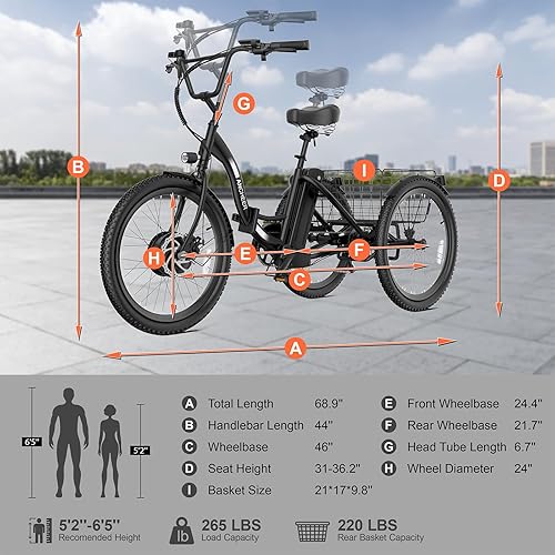 Vista 6 de ANCHEER Triciclo eléctrico para adultos, triciclo eléctrico pico de 600 W, 24 pulgadas, 499 Wh, bicicleta eléctrica plegable de 3 ruedas