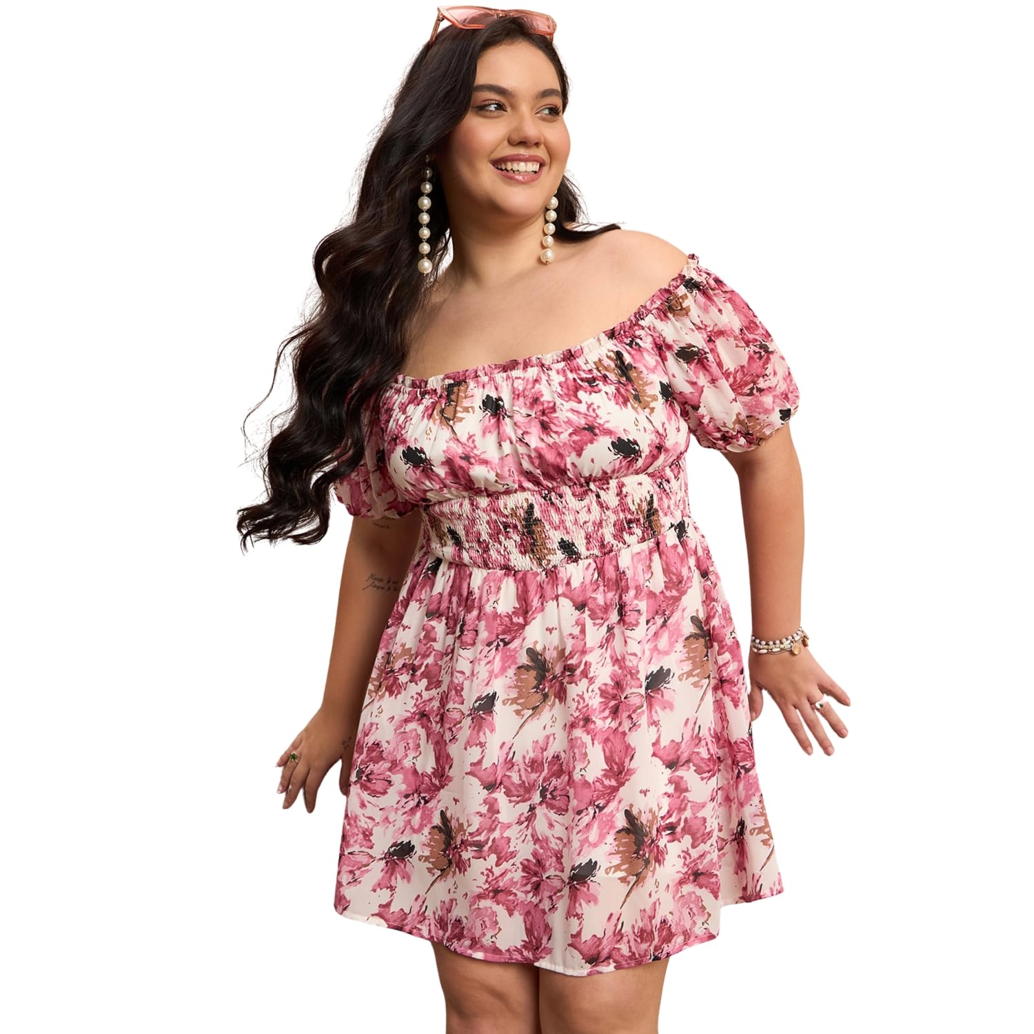 Berrylush Women Plus Size Floral Print Off-Shoulder Short Sleeeve Mini Jumpsuit in neutral
