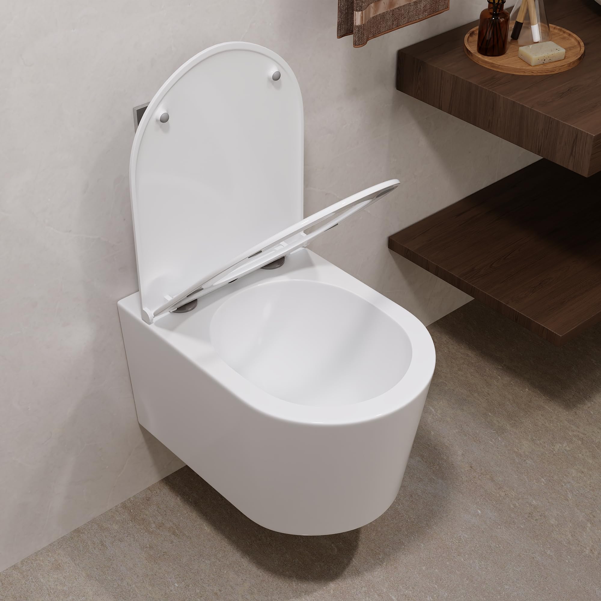 DeerValley Wall Hung Rimless Toilet, Dual Flush 1.1/1.6 GPF Back to Wall, Bathroom WC Cloakroom Ceramic Toilets, Wall Mounted Elongated Bowl WC, Low Noise White