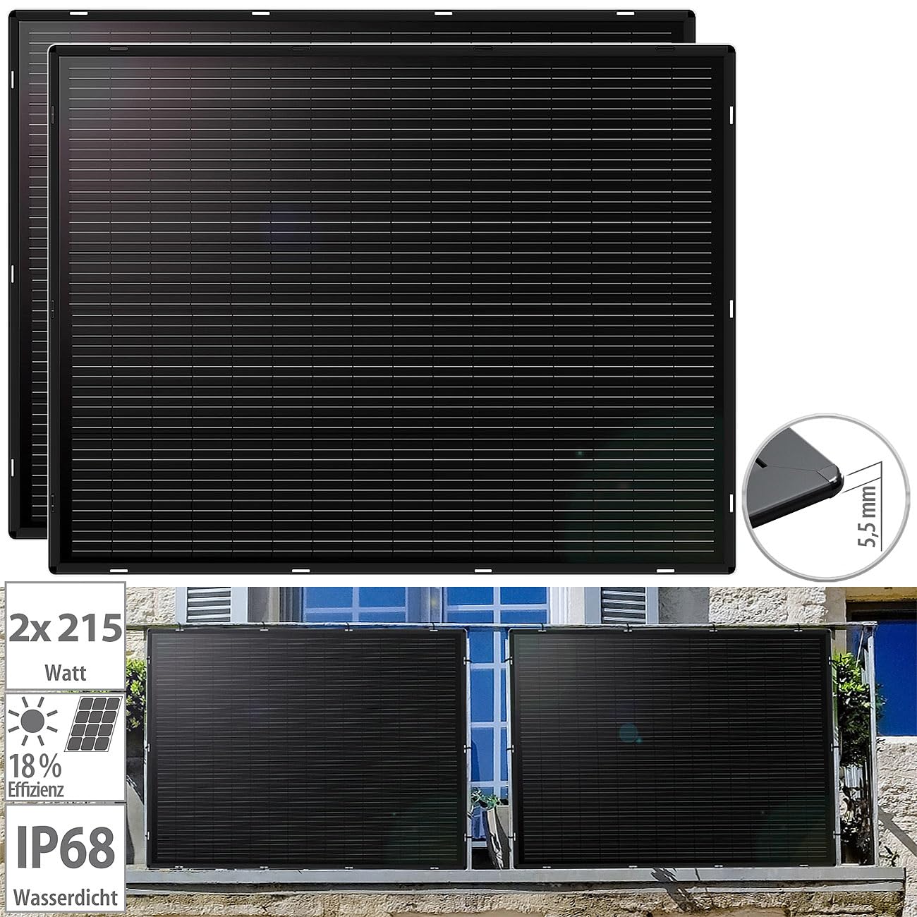 revolt Balkonkraftwerk: 2er-Set ultradünne & superleichte monokristalline Solarmodule, 2X 215W (Balkonkraftwerk dünne Module, Solarpanel dünn, Panel)