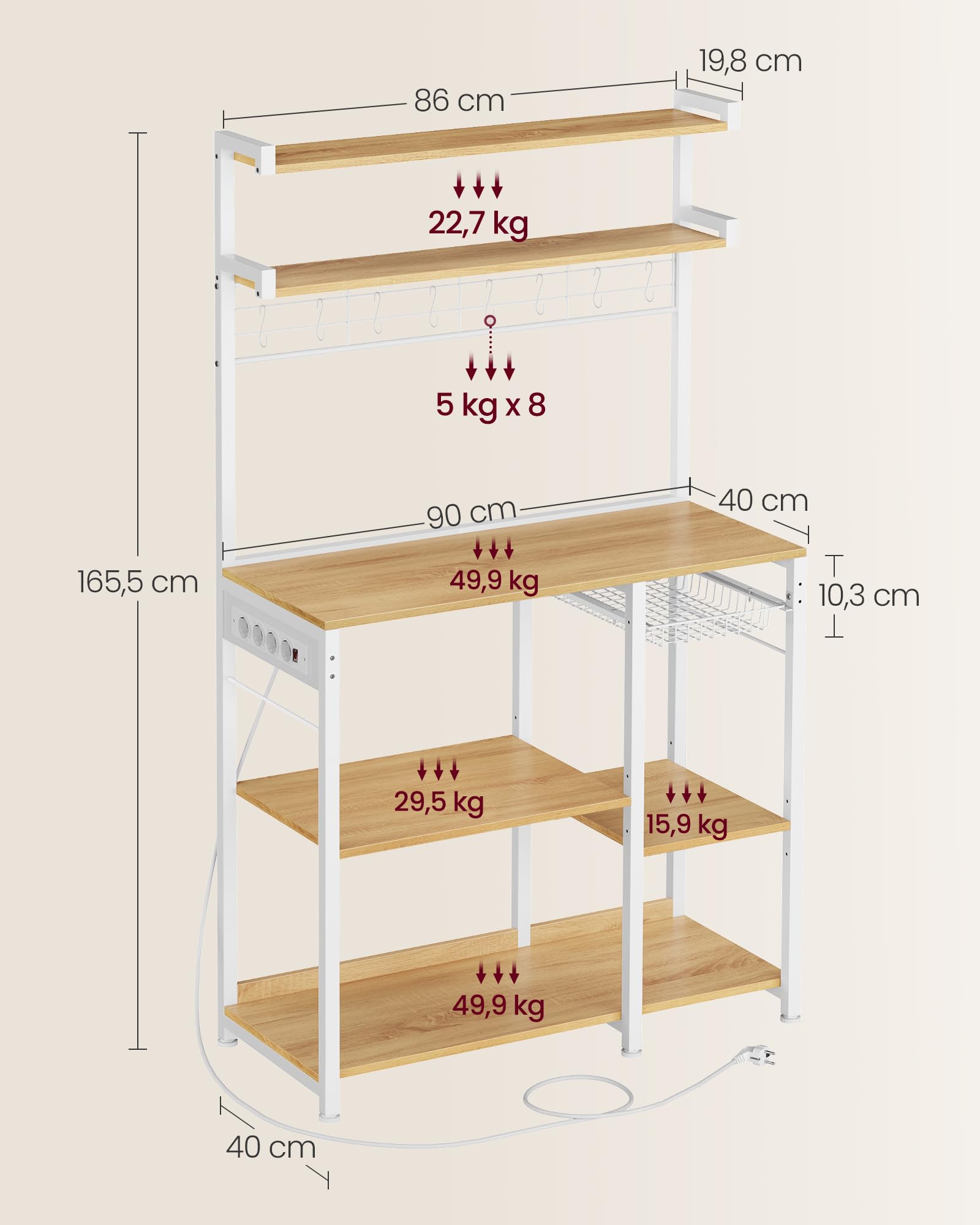 VASAGLE Estantería de Cocina con Enchufes, Estantería de Panadería, Barra de Café, 8 Ganchos en S, Cesta, Especiero, 40 x 90 x 165,5 cm, Roble Dorado y Blanco Nube KKS031Y19