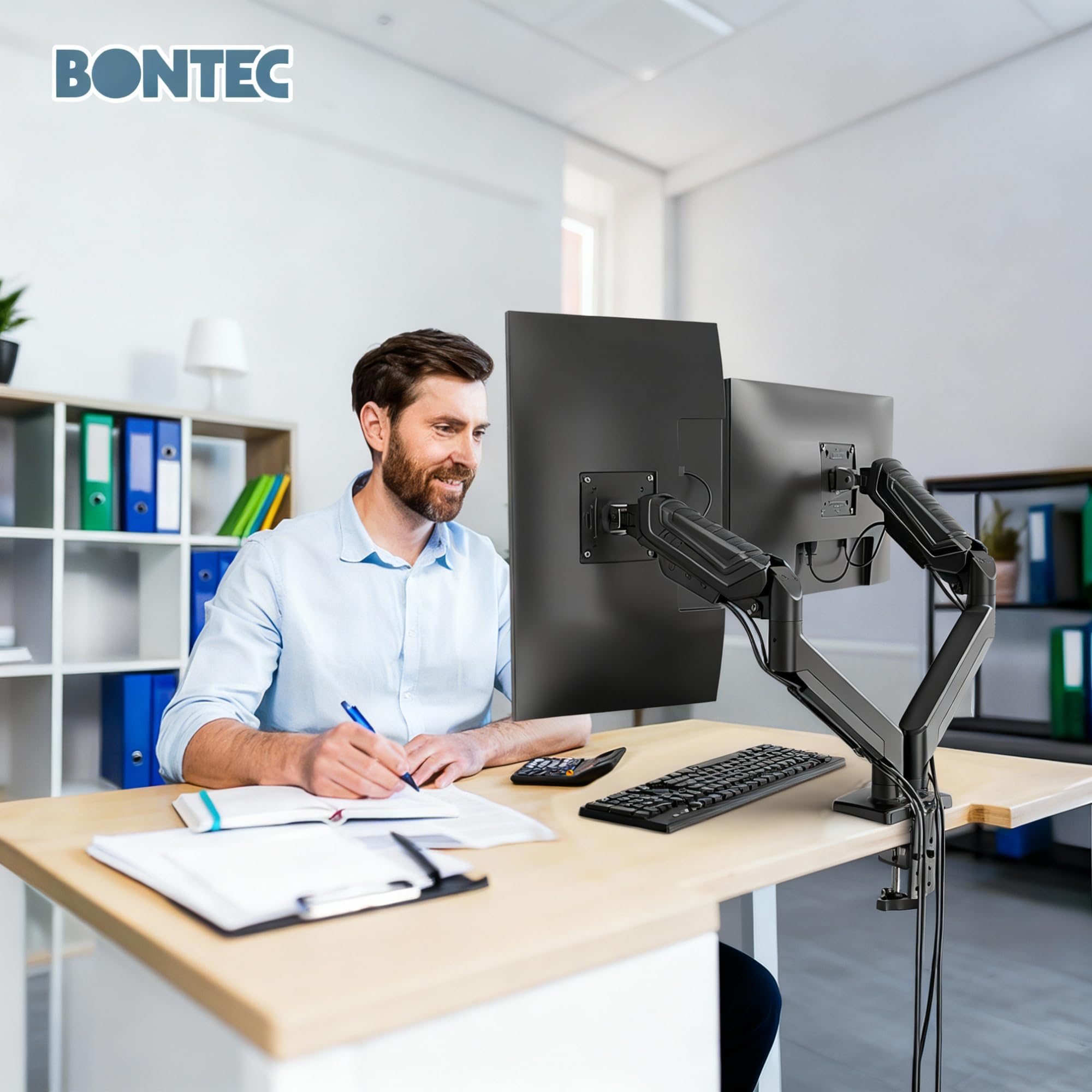 BONTEC Monitor Halterung 2 Monitore für 14-34 Zoll Bildschirme, Gasfeder Monitorhalterung, VESA 75/100, Neigbar, Schwenkbar, 360° Drehbar, Ergonomisch, Kabelmanagement, für Homeoffice und Gaming