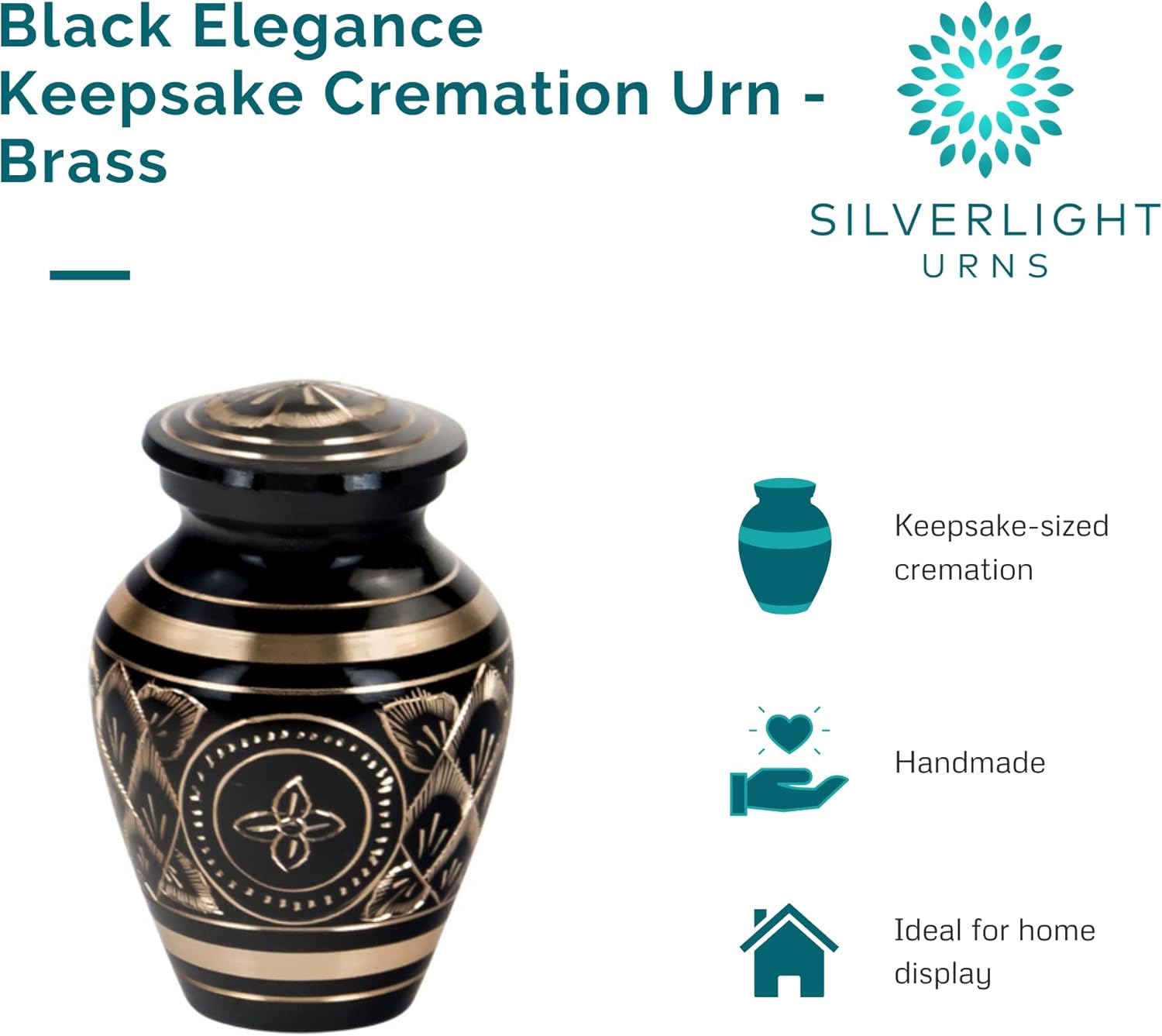 Black Elegance Keepsake Cremation Urn, Brass, Black, Floral Pattern, 3 Inches High