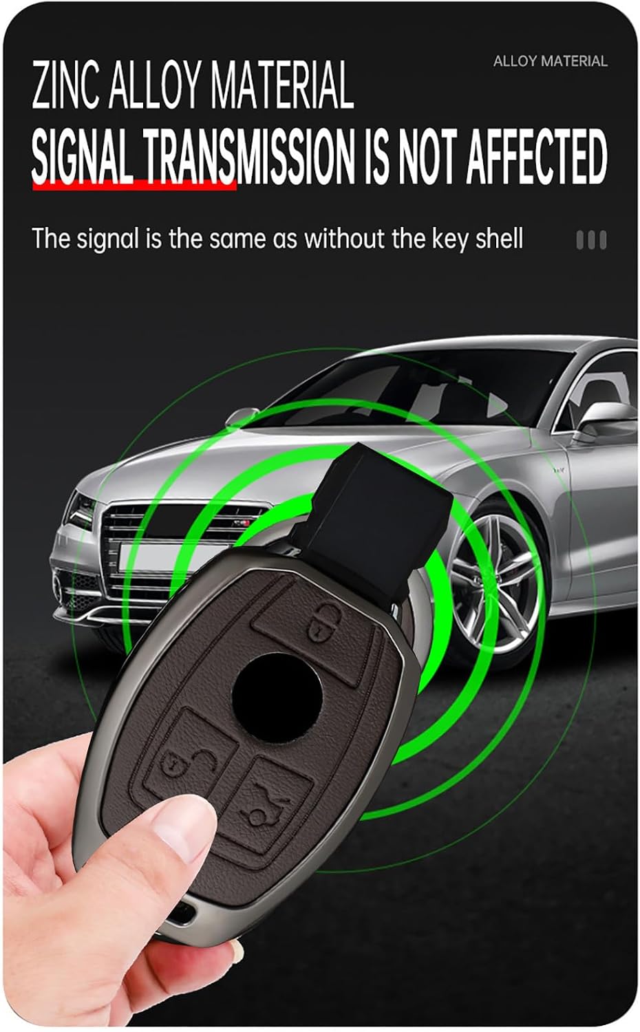 HIBEYO 3 Button Key Fob Cover Compatible with Mercedes Benz AMG C E M S CLS CLA GLK GLA GLC GLE Key Leather & Alloy Key Cover Accessories with Keychains-A Keychain Black