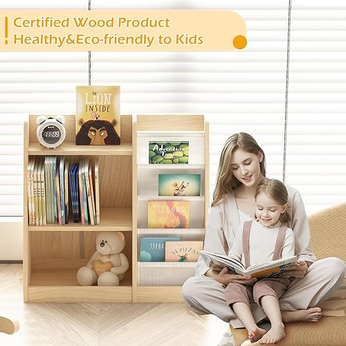 Miniatura 30 de Estantería de madera rosa de 4 niveles para niños, estantería de 5 capas, estante para libros de almacenamiento para bebés, organizador de juguetes