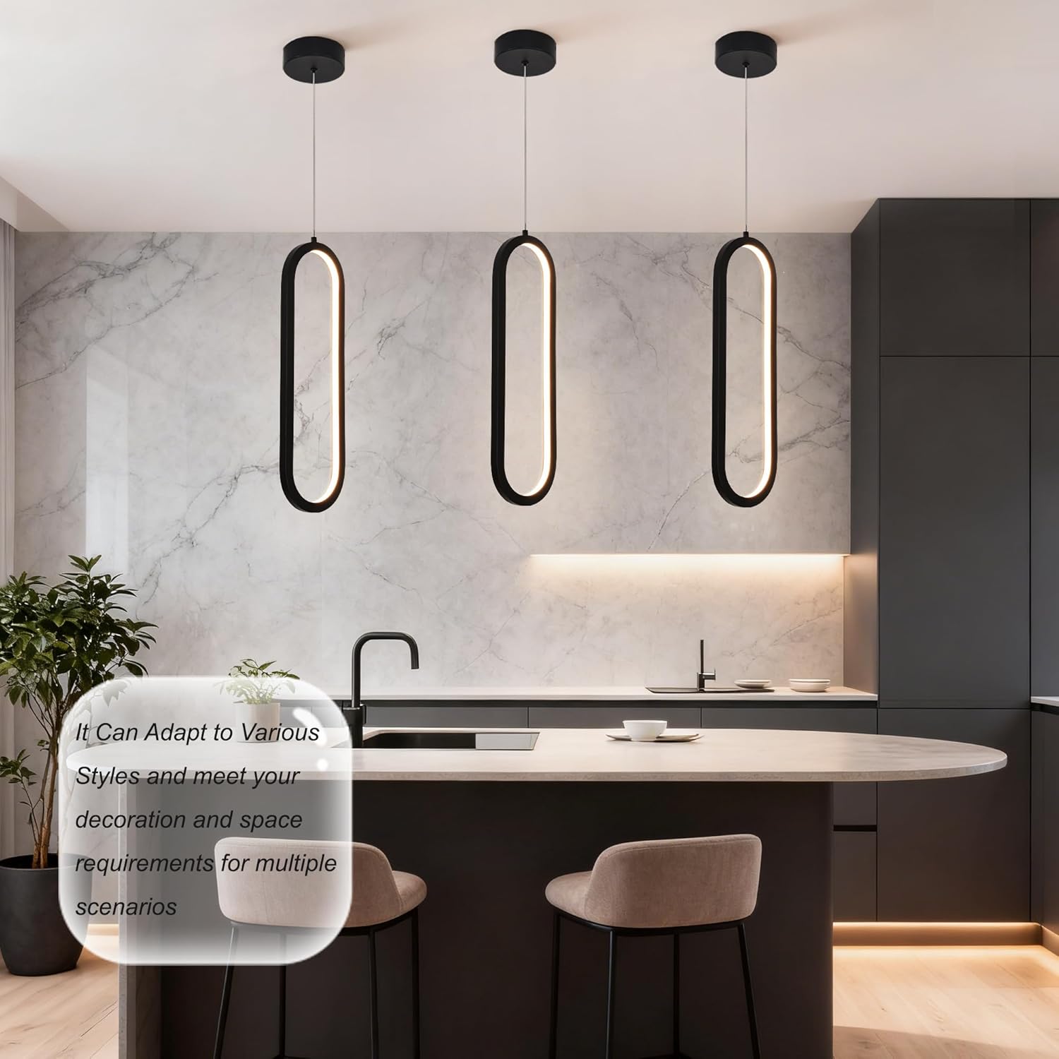 3 Pack Modern Black Pendant Lights for Kitchen Island, LED Hanging Kitchen Lights, Adjustable Hanging Ceiling Light Pendant Lamp, Kitchen Lighting Fixtures for Island & Dining Room