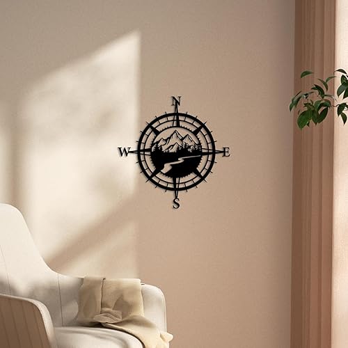 Miniatura 8 de Resama Decoración de pared de brújula náutica de montaña de metal negro, decoración de bosque para interiores o exteriores, arte perfecto para