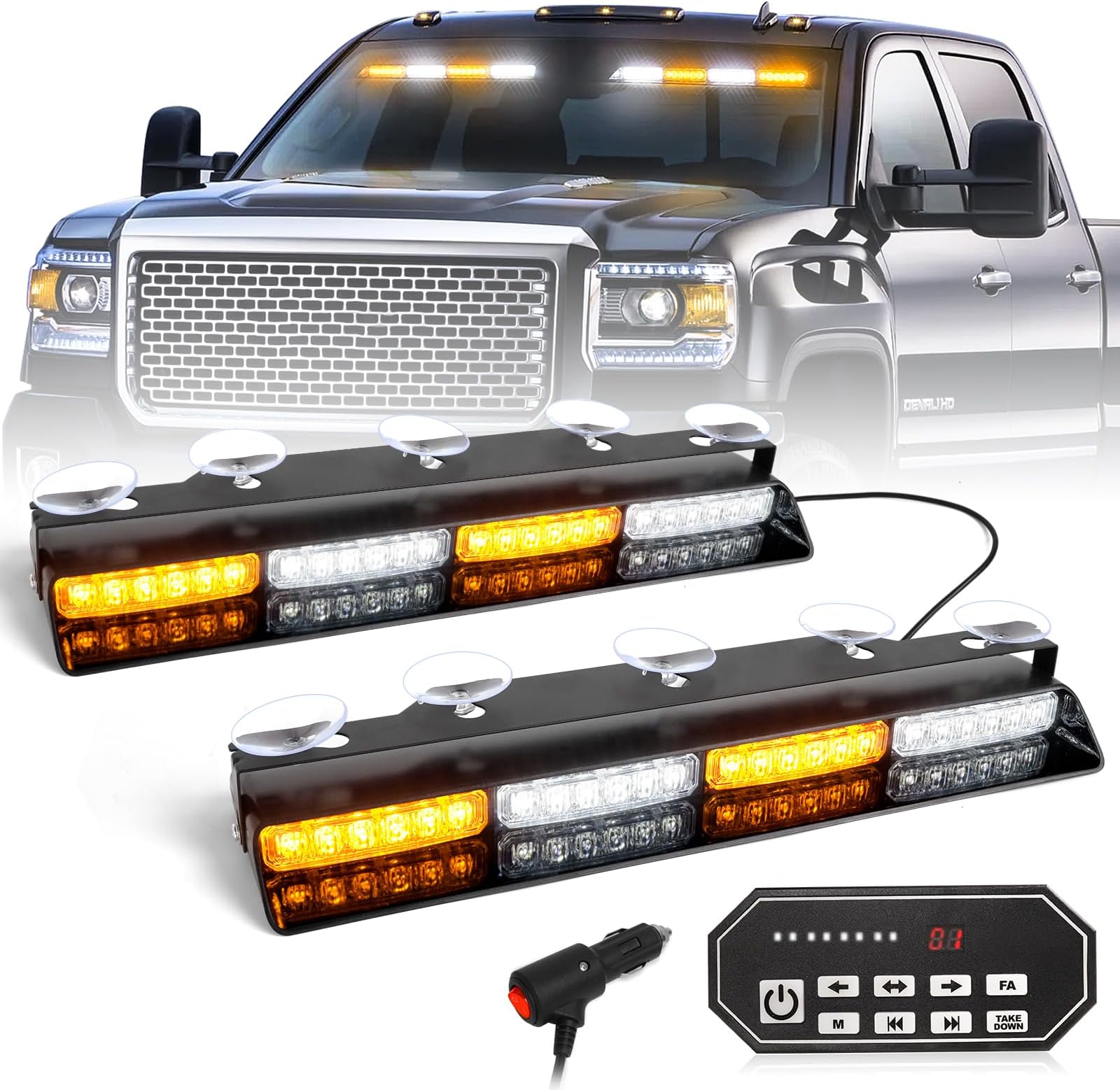 HLauto 604N Emergency Dash Strobe Lights w/Controller: 2x16.8 Amber White Security Light w/Take Down, 48 LED Safety Flashing Warning Hazard Interior Windshield Light Bar for Truck Vehicle