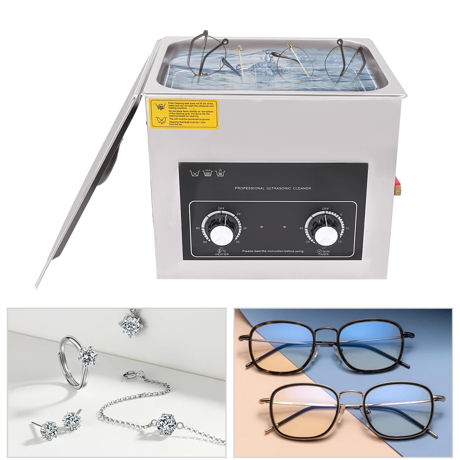 Ultrasonic Cleaner, maszyna do czyszczenia biżuterii, podgrzewana przemysłowo z timerem, duża pojemność, cyfrowa stal nierdzewna, 10 l 240 W, 40 kHz, do materiałów biurowych na narzędzia szklane