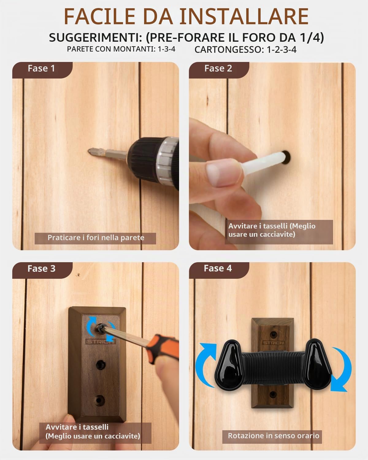 STRICH Supporto da parete per chitarra, base in noce, supporto da parete per chitarra a forma di U, con viti, blocco automatico, gancio per chitarra acustica, elettrica, banjo, basso (confezione da 2)