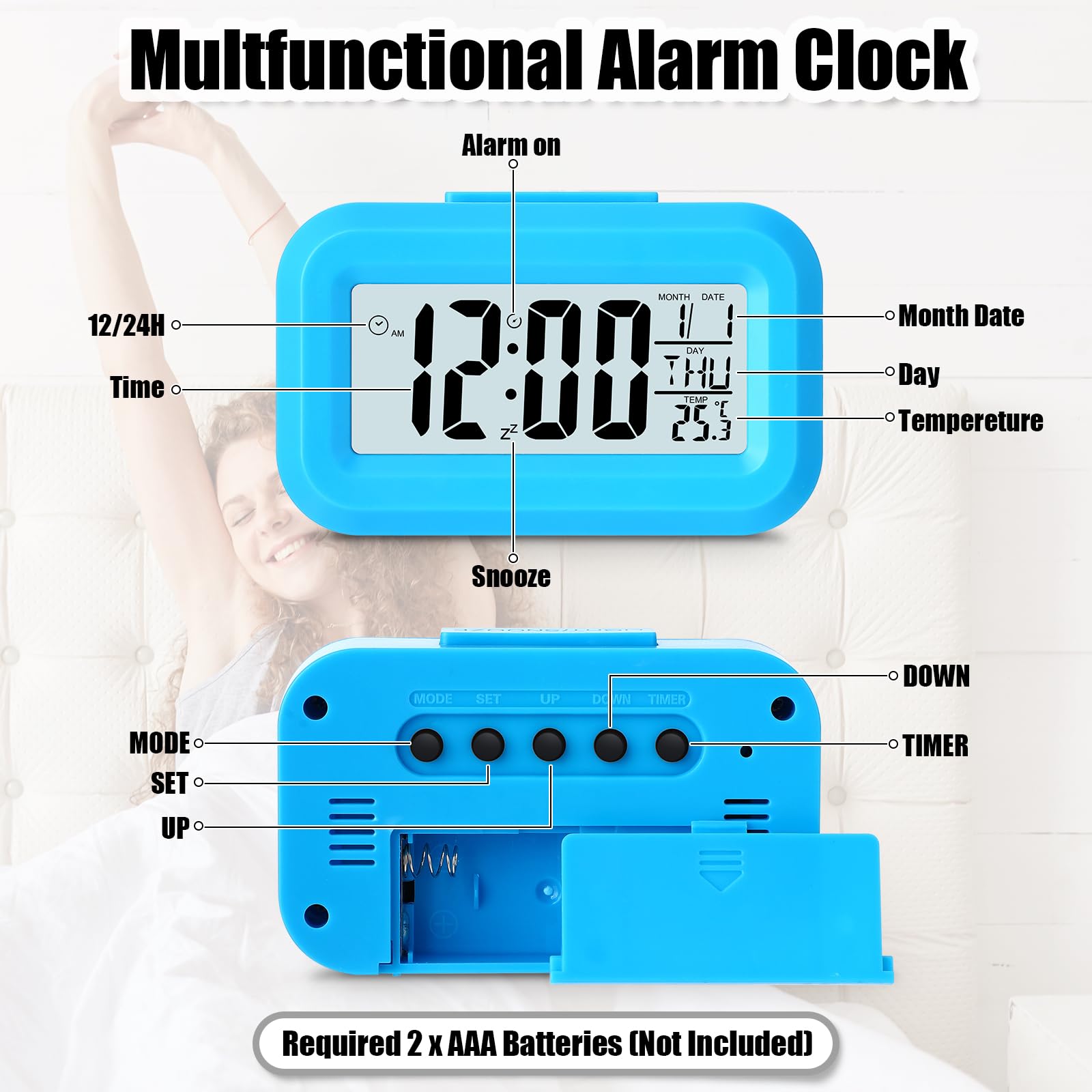 Highergo Paquete de 3 relojes despertadores digitales con pantalla LCD grande, funcionamiento simple, luz de fondo de repetición, hora, fecha, mes, reloj multifunción de temperatura para dormitorios,