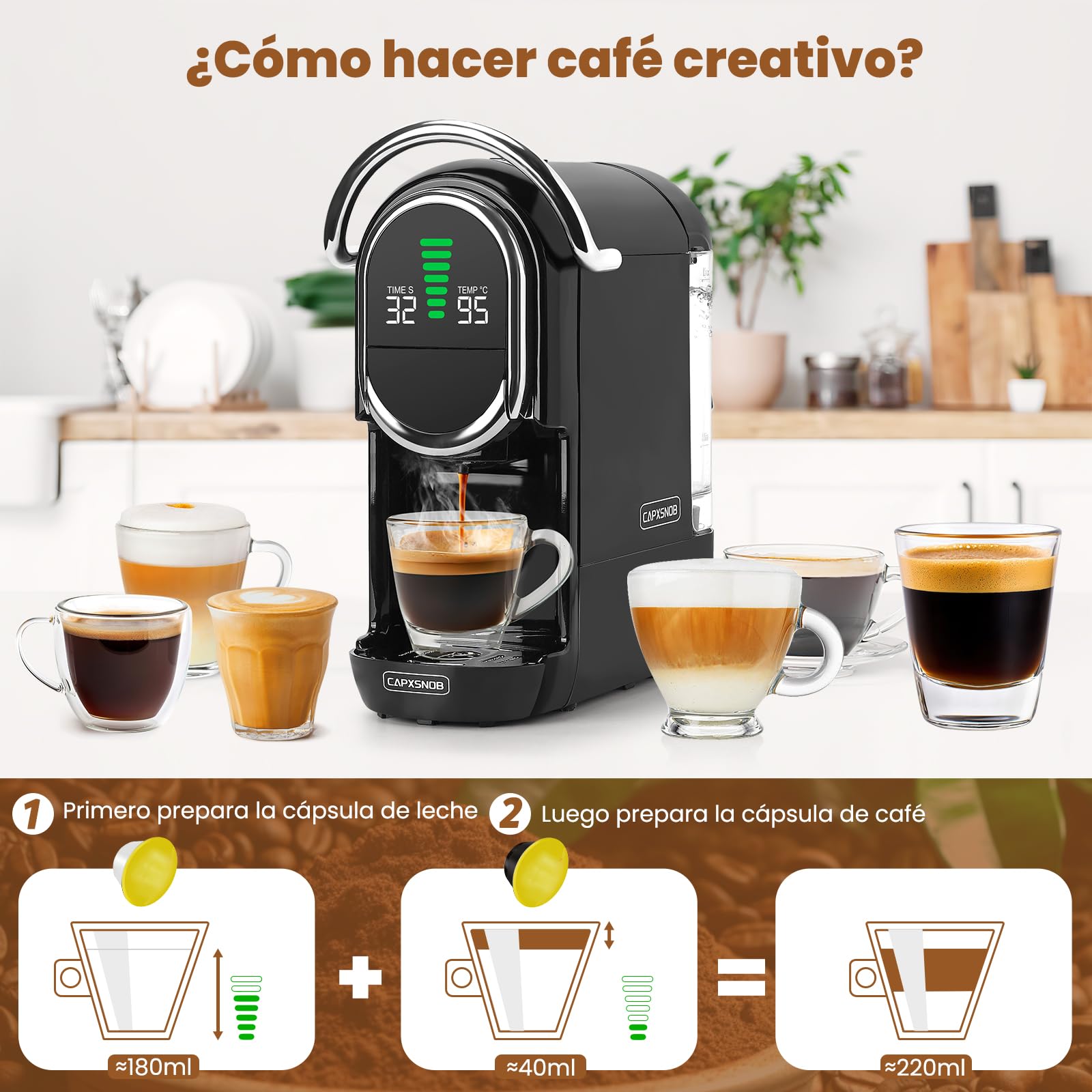 Magician1 Mini 5en1 Cafetera Cápsulas para Nespresso Original, Dolce Gusto, Lavazza A Modo Mio, ESE 44 y Café Molido, 20 Bares, 1450W, Pantalla LED, Máquina de Café Expreso Caliente o Frío