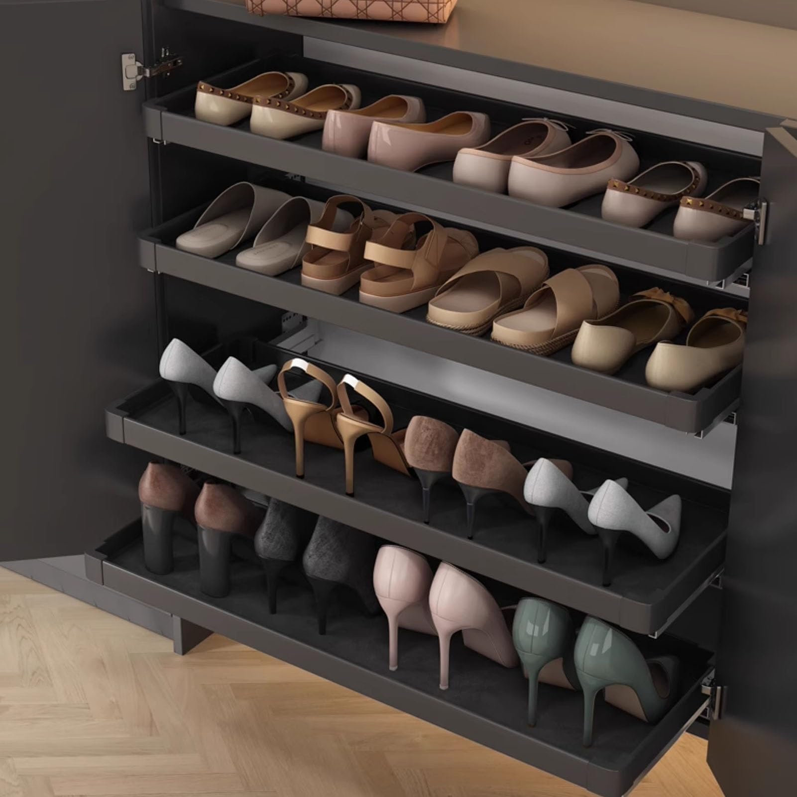 Szafka na buty z miękkim domykaniem z wysuwanymi półkami do szafy i kuchni oszczędzający miejsce wysuwany stojak (brązowy 71 x 31,5 cm) wydajny pojemnik na buty, aby zmaksymalizować przestrzeń i