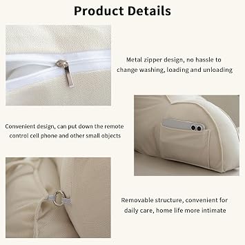 Reading Pillow with Detachable Neck Roll, Large Adult Backrest with Arms, Bed Rest Pillow with Side Pocket and Handle for Sitting in Bed Adult,Back Pillow for Watching TV/Gaming/Relaxing