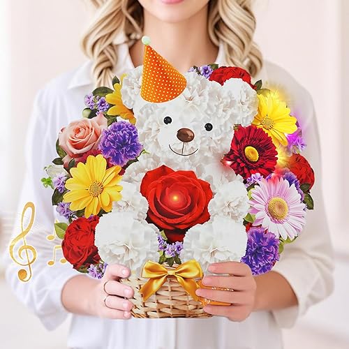 Tarjetas de cumpleaños con música y luces, tarjeta de feliz cumpleaños, oso y margarita, ramo de flores de tamaño natural de 10 pulgadas, tarjeta de