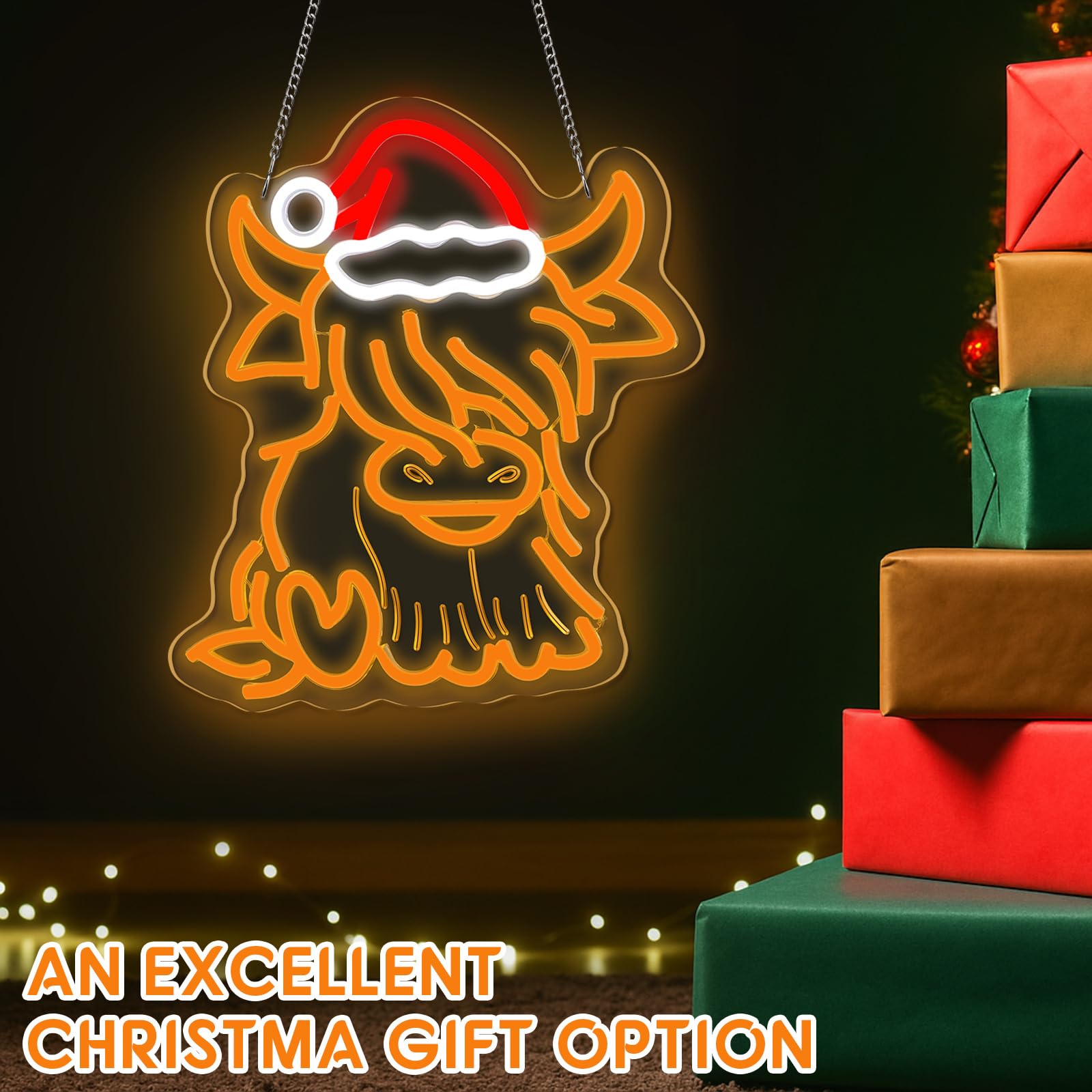 Riakrum Panneau néon en forme de vache des Highlands - Décoration de fenêtre de Noël pour chambre à coucher, salon, fête de vacances