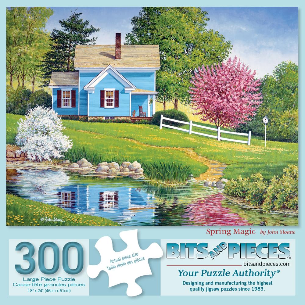 Bits and Pieces 300 Piece Puzzles for Adults - Spring Magic - 300 Large Pieces 18" x 24" Jigsaw Puzzles, Farm House Pond Rural America, No 2 Pieces Alike