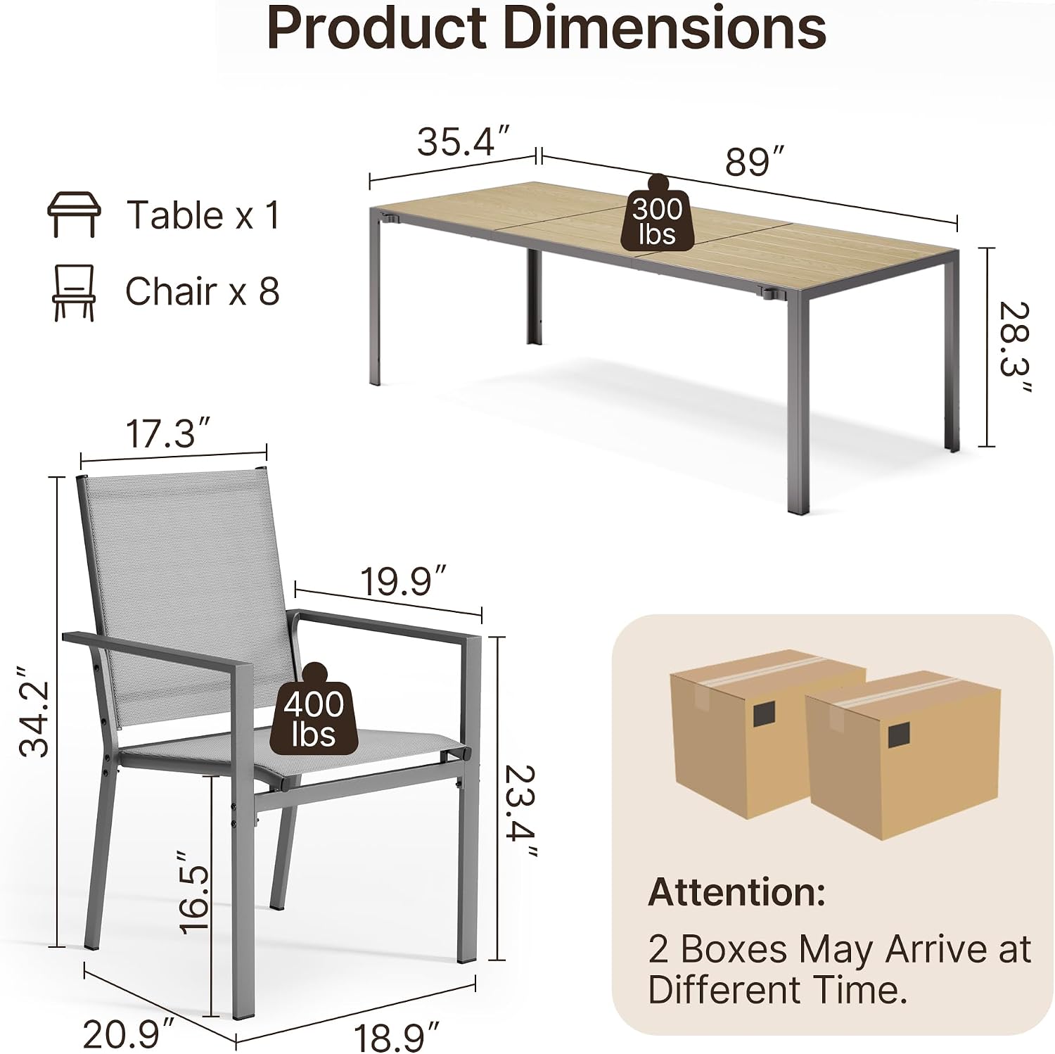Ahomly Outdoor Table and Chairs, Patio Table and Chairs Set Includes 89" Rectangle Patio Table with Umbrella Hole and 8 Textilene Fabric Outdoor Chairs for Backyard,Poolside,Lawn,Grey