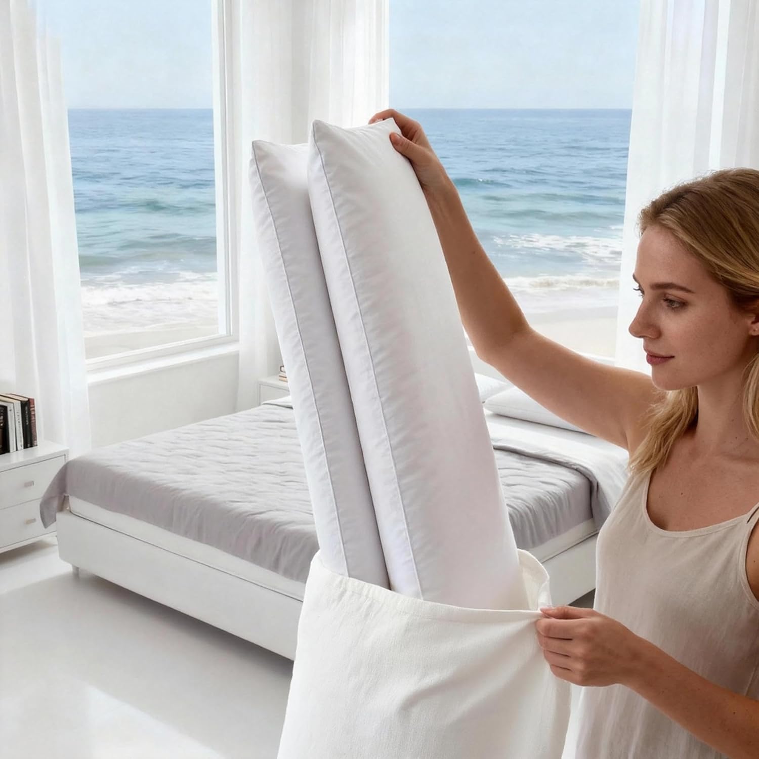 Thin Flat Soft Goose Frather Down Bed Pillows for Sleeping Hypoallergenic Standard Size Set of 1 Pack Side Back and Stomach Sleepers