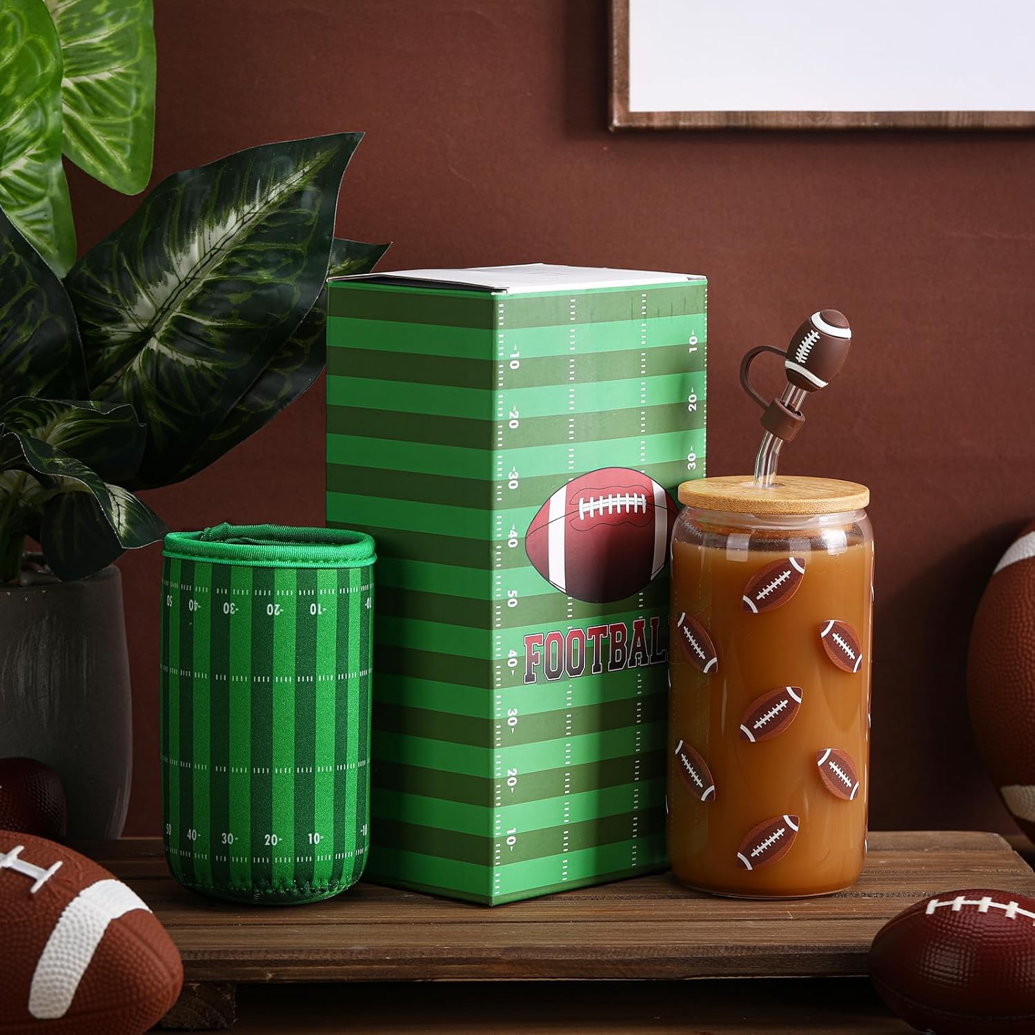 Football Lover Gifts, 16 oz Glass Iced Coffee Cup with Straw Stopper and Mug Sleeve, Football Glasses Cup Gifts Box for Women Man Sport Lovers - Image 4