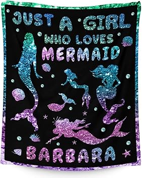 Mercuryelf Custom Mermaid Throw Blanket - Soft, Fuzzy & Warm - 50x60 Inches Flannel Blankets for Living Room, Sofa - Black Cute Throws Gift for Teens