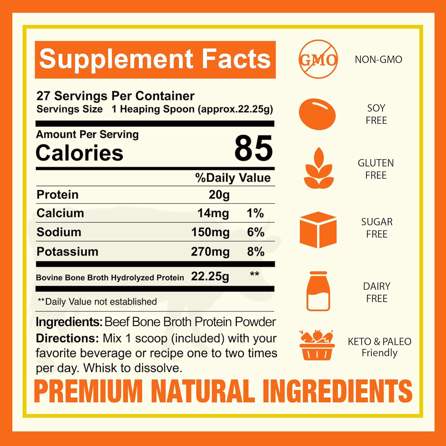 Zammex Pure Grass Fed Beef Bone Broth Protein Powder, 20g Protein, Hydrolyzed Collagen Supplement for Healthy Skin, Nails, Hair, Joints, Non-GMO, Gluten Free, Paleo & Keto Friendly, Great in Soup
