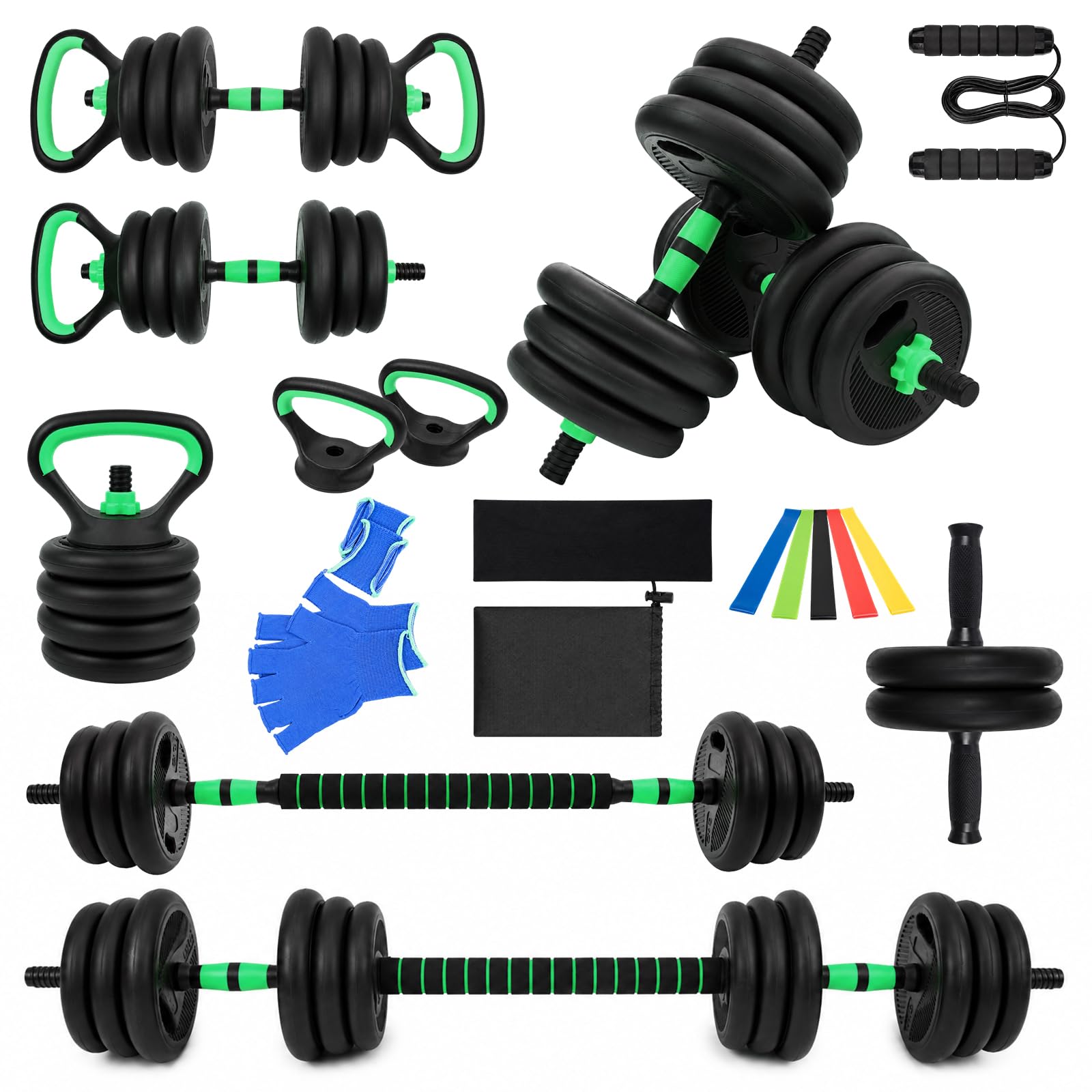 BREEZENEST 6-in-1 Adjustable Dumbbell Set 20kg Home Gym Kit, Multifunctional Weight Training Equipment with Barbell, Kettlebell, Push-Up Bars, Jump Rope & Ab Roller for Full Body Workout (Green)