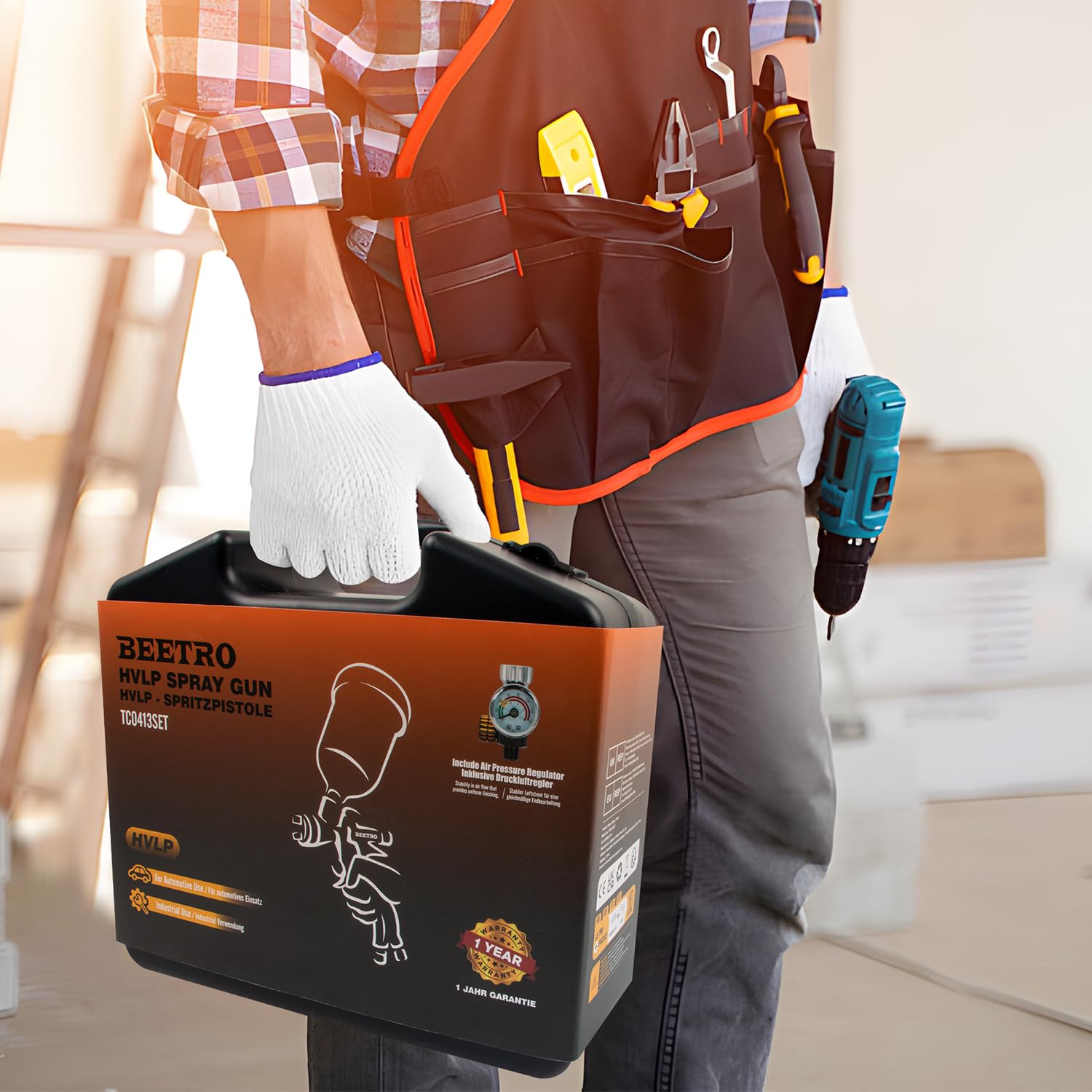 BEETRO HVLP Pistola de pulverización de aire con caja de almacenamiento, capacidad de 1000 ml, 14.3 CFM, 29-32 psi, boquillas de acero inoxidable de 1.4/1.8 mm, con adaptador tipo 2, pulverizador