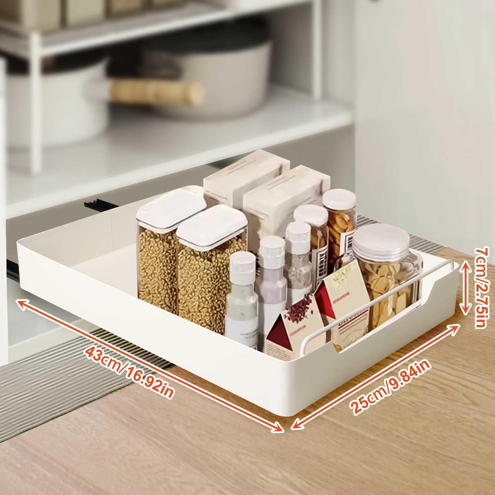 Ausziehbarer Schrank Organizer Küche, 43 cm Teleskopschublade mit Griff, Küchen Organizer Teleskopschublade, Ausziehbare Schublade, Küchenschrank Organizer Kein Bohren und Nageln Erforderlich