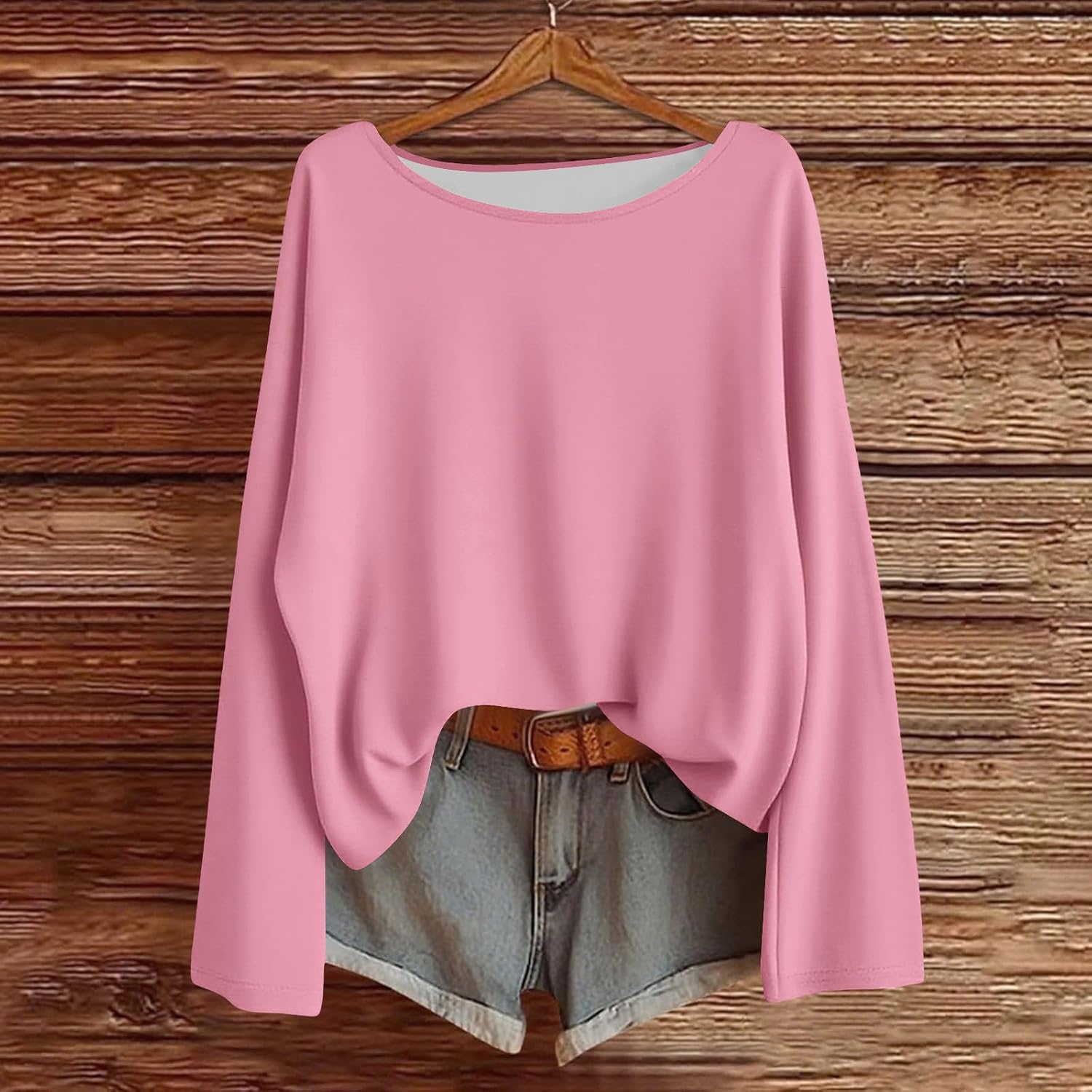 Women's Long Sleeve Round Neck Shirt Classic Loose Fit Soft Solid Color Blouse Casual Basic Summer Fall Fashion Top